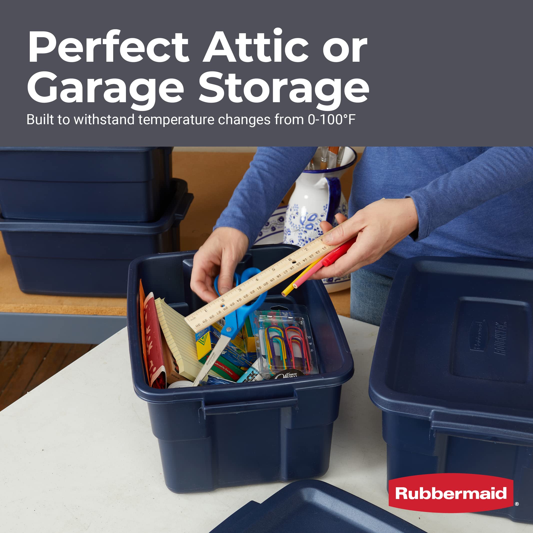 Rubbermaid Roughneck Tote 14 Gal, 6 Pack, Made in USA, Dark Indigo Metallic, Rugged Plastic Stackable Storage Bins with Lids and Handles