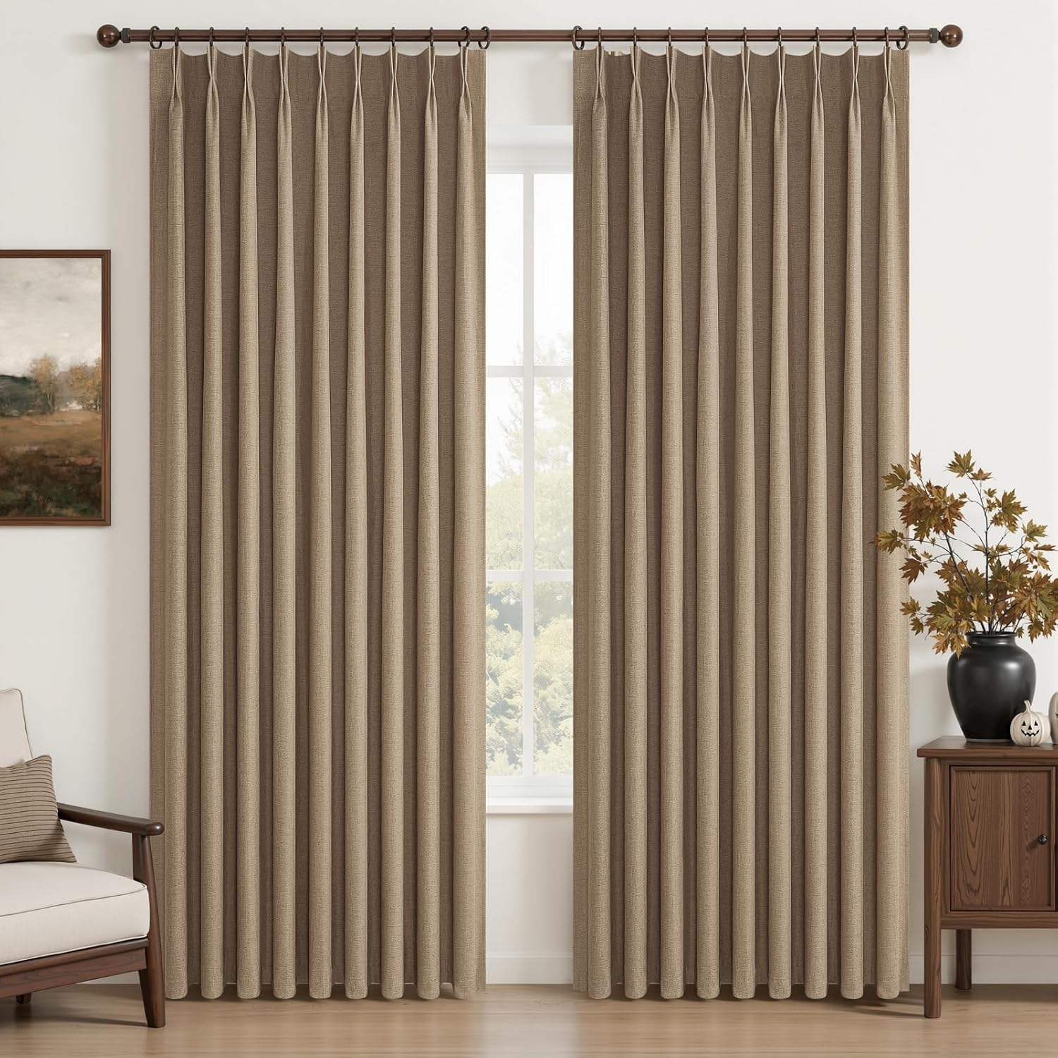 Natural Linen Pinch Pleated Blackout Curtains & Drapes 96 Inch Long Bedroom/Livingroom Farmhouse Curtains 2 Panel Sets, Neutral Track Room Darkening Thermal Insulated 8ft Back Tab Window Curtain