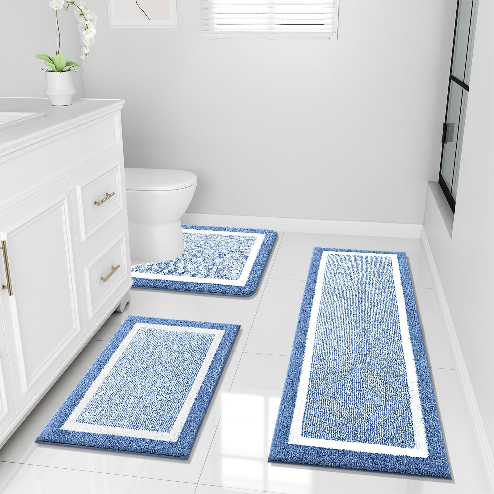 OLANLY Bathroom Rugs Sets 3 Piece, Soft Absorbent Microfiber Bath Mats and U-Shaped Contour Toilet Rug, Home Decor Accessories, Non-Slip, Bath Mat Set for Bathroom (30"x20"+24"x16"+24"x20", Grey)