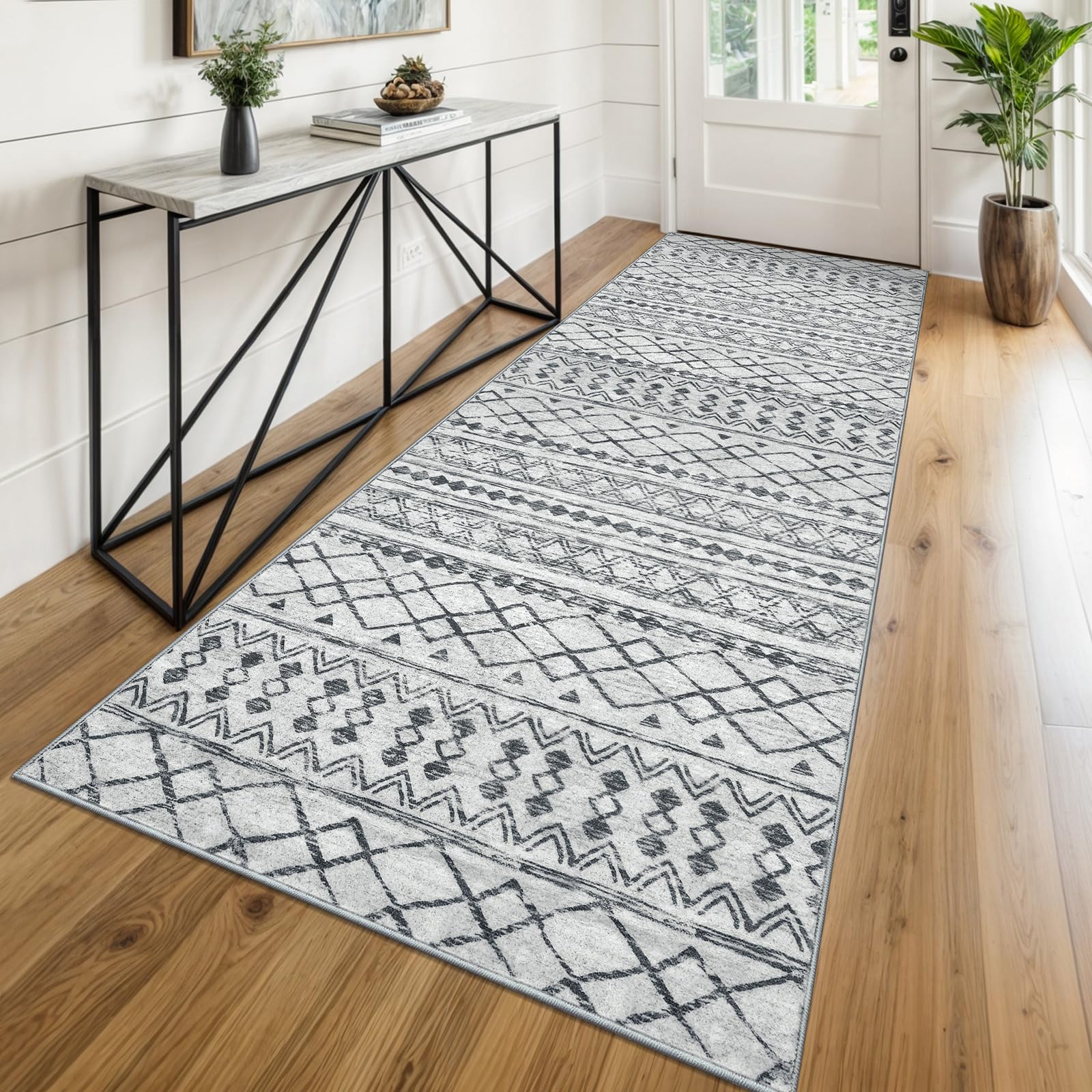 KUTA Washable Non-Slip Rugs for Entryway 2x3, Grey Moroccan Boho Small Area Rug, Ultra Soft Vintage Geometric Low-Pile Indoor Door Mat Floor Carpet for Indoor, Entrance, Kitchen, Bathroom, Bedroom