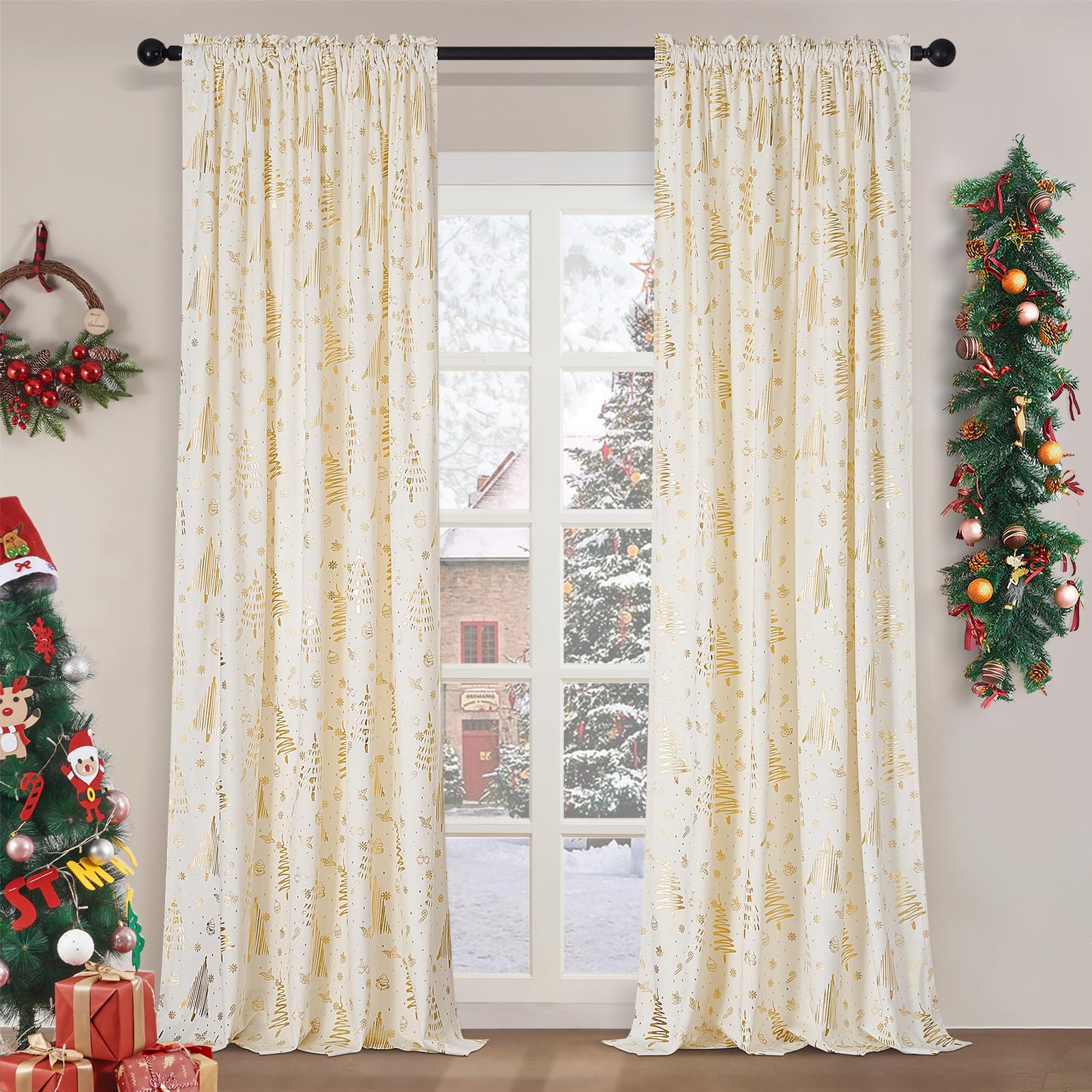 96 inches Long Red christmas curtains velvet for Living Room, Printed with Grinch & Tree Pattern Thermal Insulated Blackout Curtains drapes for winter 96 inch length 2 Panels Set cortinas navideas
