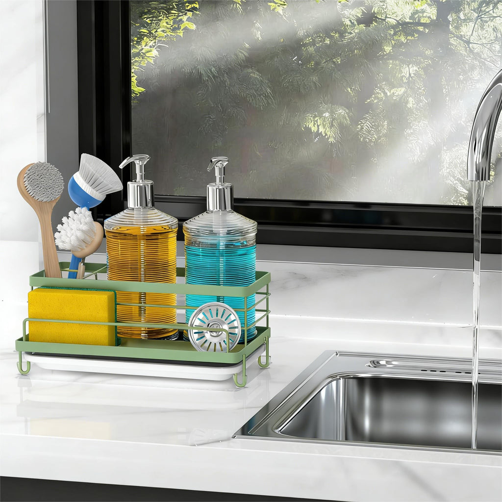 Cisily Black Sponge Holder for Kitchen, Sink Caddy Sink Organizer Rack for Kitchen Accessories with Drip Tray, Rustproof and Non-slip, Soap Dispenser Countertop Organizer Essentials for New Home