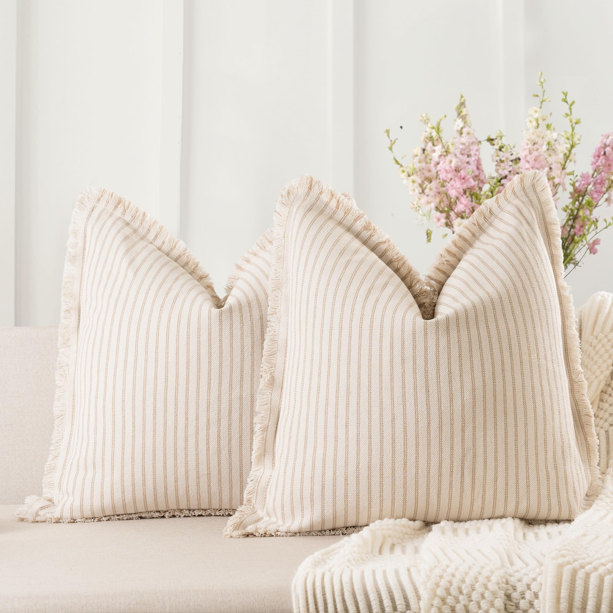 ZWJD Throw Pillow Covers 20x20 Set of 2 Striped Pillow Covers with Fringe Chic Cotton Decorative Pillows Square Cushion Covers for Sofa Couch Bed Living Room Farmhouse Decor, (Gray)