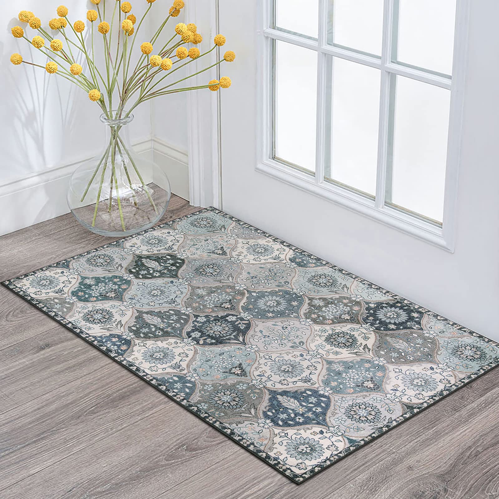 Lahome Moroccan Trellis Washable Rug, 2x3 Kitchen Rugs for Entryway Bathroom, Non-Slip Indoor Door Mat Ultra-Thin, Small Oriental Throw Carpet for Bedroom Entry Elise, Cream/Multi