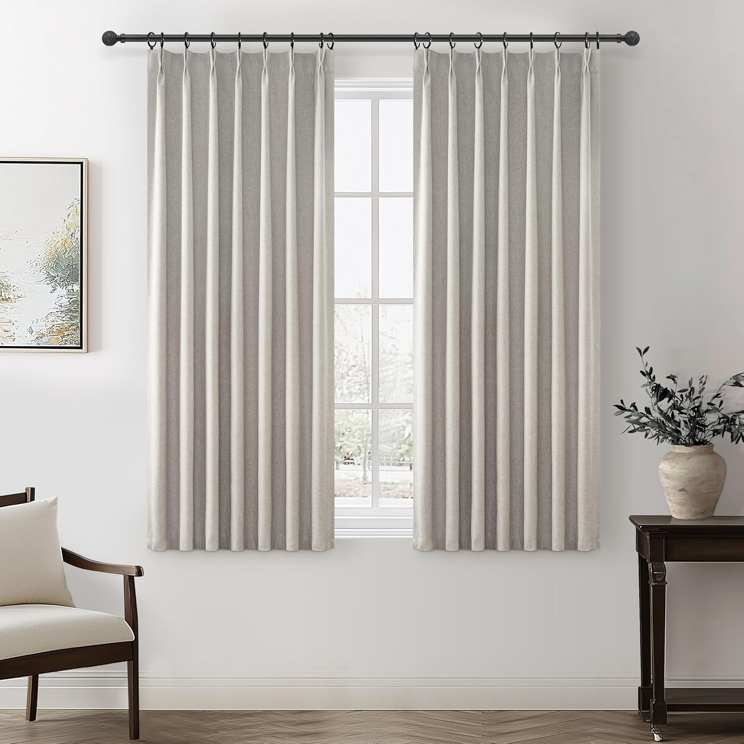 Natural Linen Pinch Pleated Blackout Curtains & Drapes 96 Inch Long Bedroom/Livingroom Farmhouse Curtains 2 Panel Sets, Neutral Track Room Darkening Thermal Insulated 8ft Back Tab Window Curtain