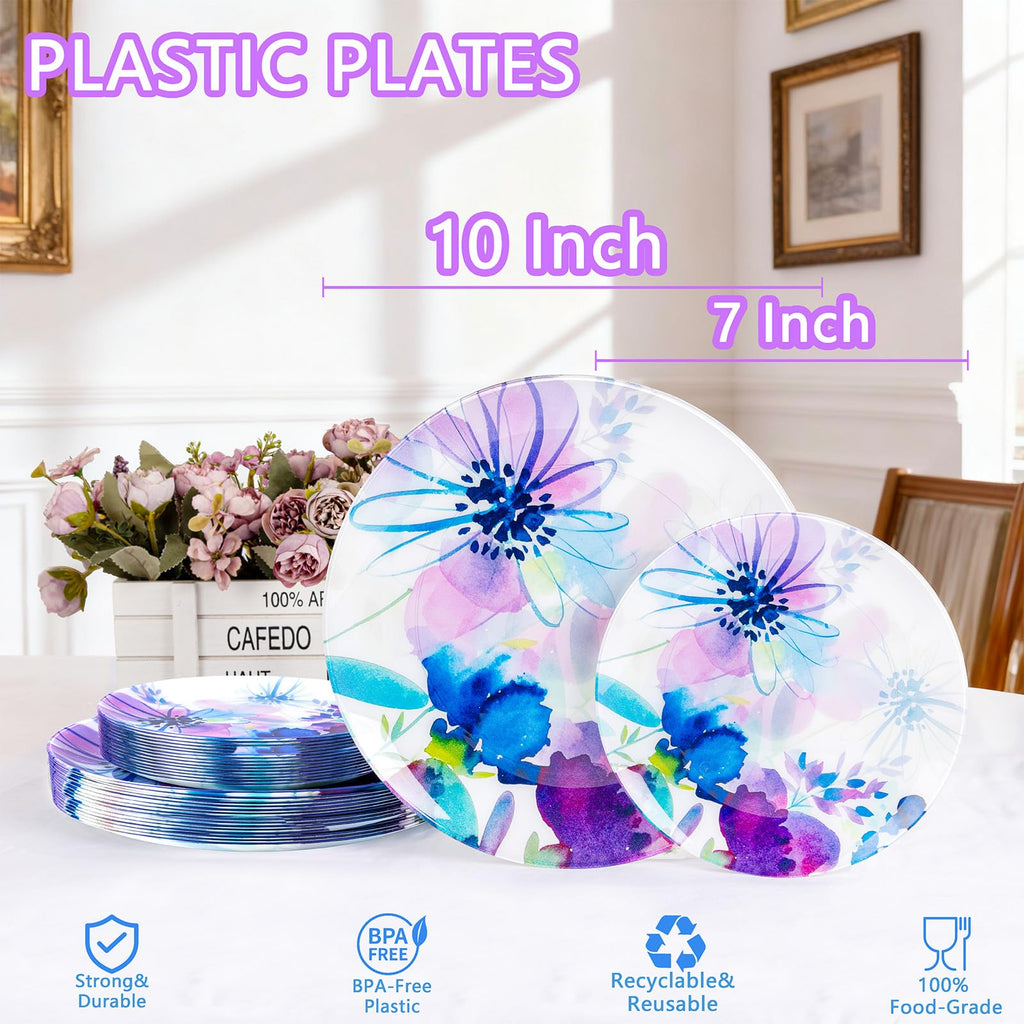 DaYammi 20Pcs Floral Disposable Plastic Plates-Disposable Heavy duty Watercolor Floral Plastic Plates 10.25 inch Dinner plates and 7.5 inch Dessert plates, Disposable Plate for Party Mother's Day