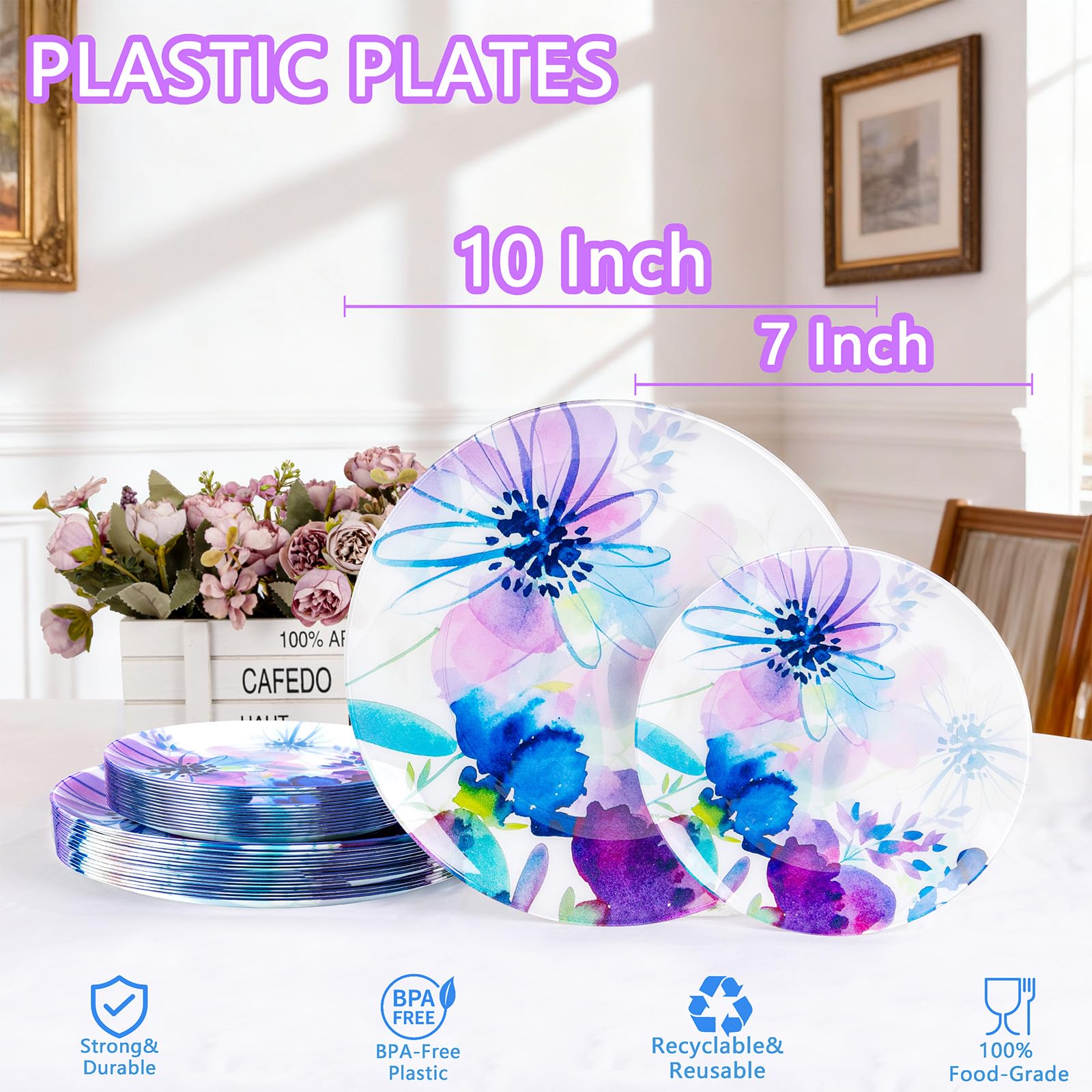 DaYammi 20Pcs Floral Disposable Plastic Plates-Disposable Heavy duty Watercolor Floral Plastic Plates 10.25 inch Dinner plates and 7.5 inch Dessert plates, Disposable Plate for Party Mother's Day