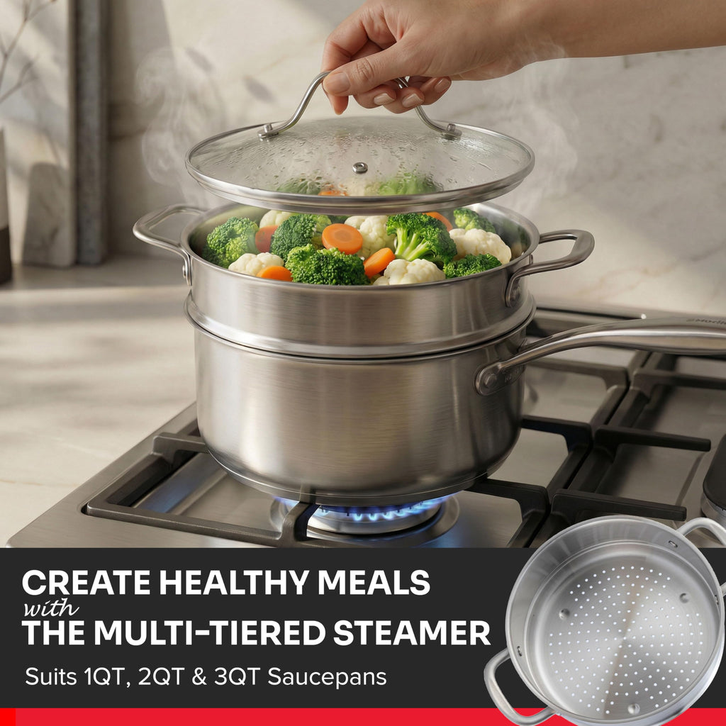 Mueller Pots and Pans Set 17-Piece, Ultra-Clad Pro Stainless Steel Cookware Set, Ergonomic EverCool Handle, Induction Cookware, Includes Saucepans, Skillets, Dutch Oven, Stockpot, Steamer For Cooking