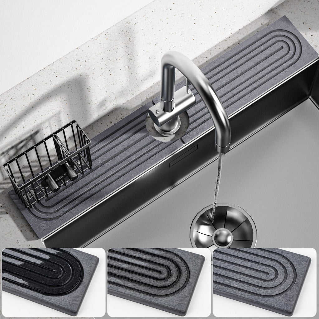 Cisily Tapete de diatomita para grifo de cocina con soporte para escobillas, absorbente para encimera de secado de piedra, área de protección contra salpicaduras de agua, detrás del fregadero de la cocina, organizador de accesorios de decoración