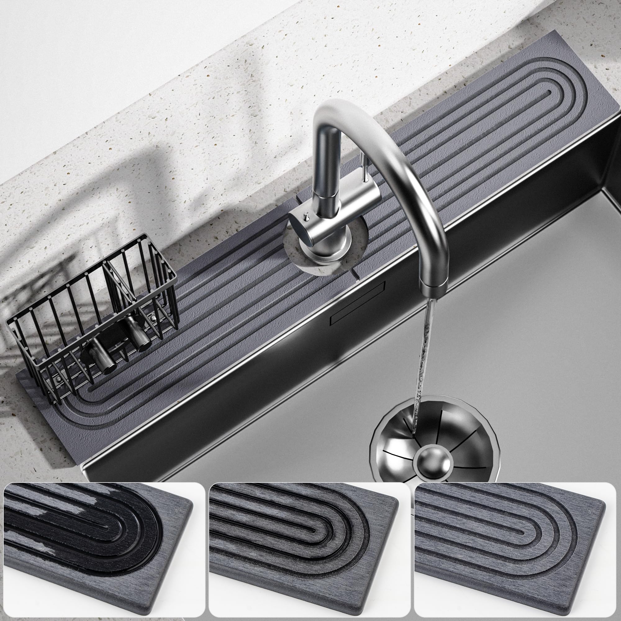 Cisily Tapete de diatomita para grifo de cocina con soporte para escobillas, absorbente para encimera de secado de piedra, área de protección contra salpicaduras de agua, detrás del fregadero de la cocina, organizador de accesorios de decoración