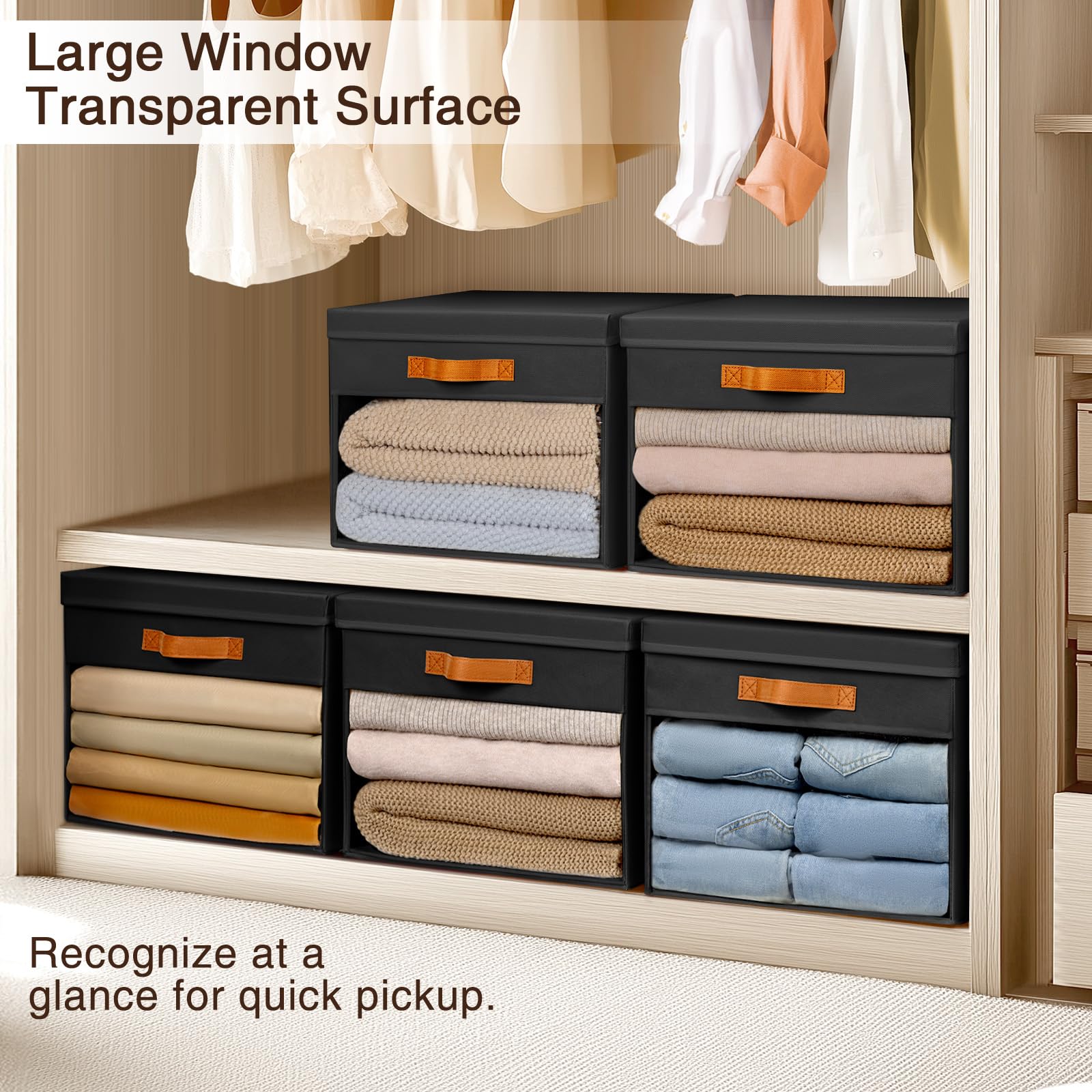 Homsorout Large Storage Bins with Lids - 4 Pack Foldable Decorative Organizers with Clear Windows & Handles, Cube Storage Organizers for Clothes, Blankets, Sweaters, Sheets, Beige