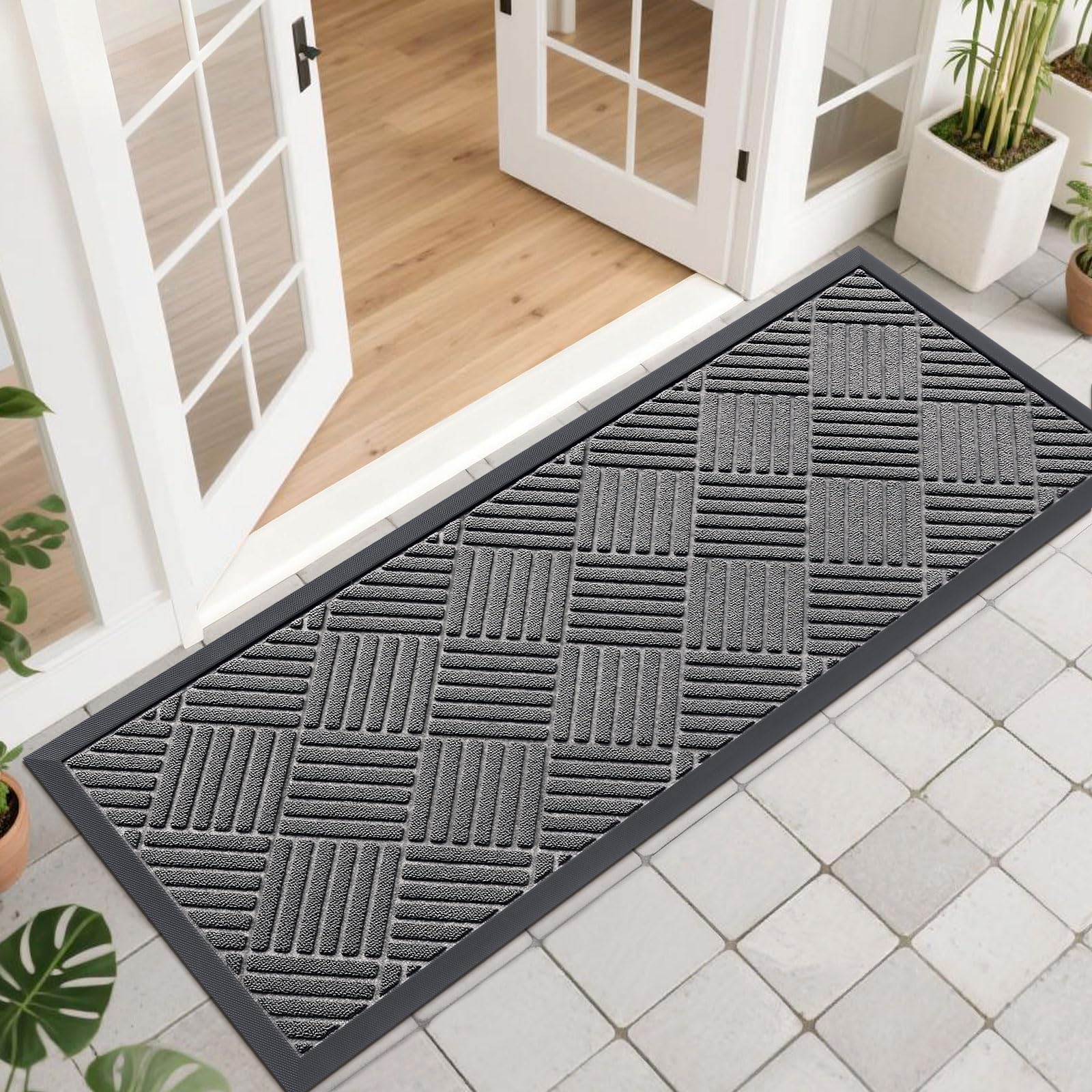 OLANLY Front Door Mat Outside Entrance 29.5x17, Absorbent, Heavy Duty Sturdy Natural Rubber Doormat Indoor Outdoor, Stain and Fade Resistant, Non-Slip Low Profile Floor Mat for Entryway, Grey Diamond
