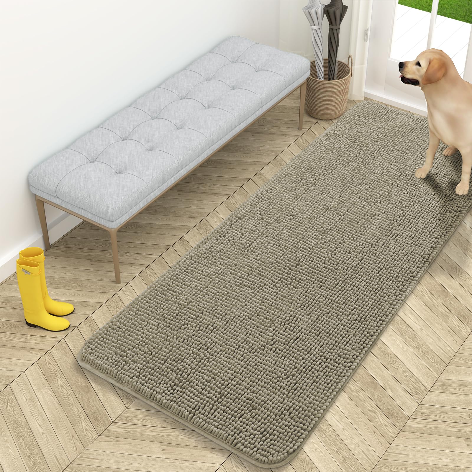 OLANLY Dog Door Mat for Muddy Paws 30x20, Absorbs Moisture and Dirt, Absorbent Non-Slip Washable Doormat, Quick Dry Chenille Mud Mat for Dogs, Entry Indoor Entryway Carpet for Inside Floor, Grey