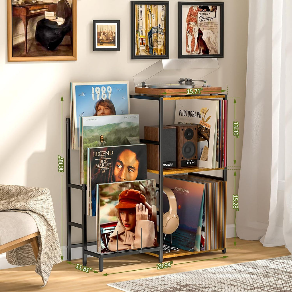 ThreeHio Record Player Stand,Turntable Stand with Vinyl Record Storage, Record Player Table with Vinyl Display Holder Shelf, vinyl Table for Living Room