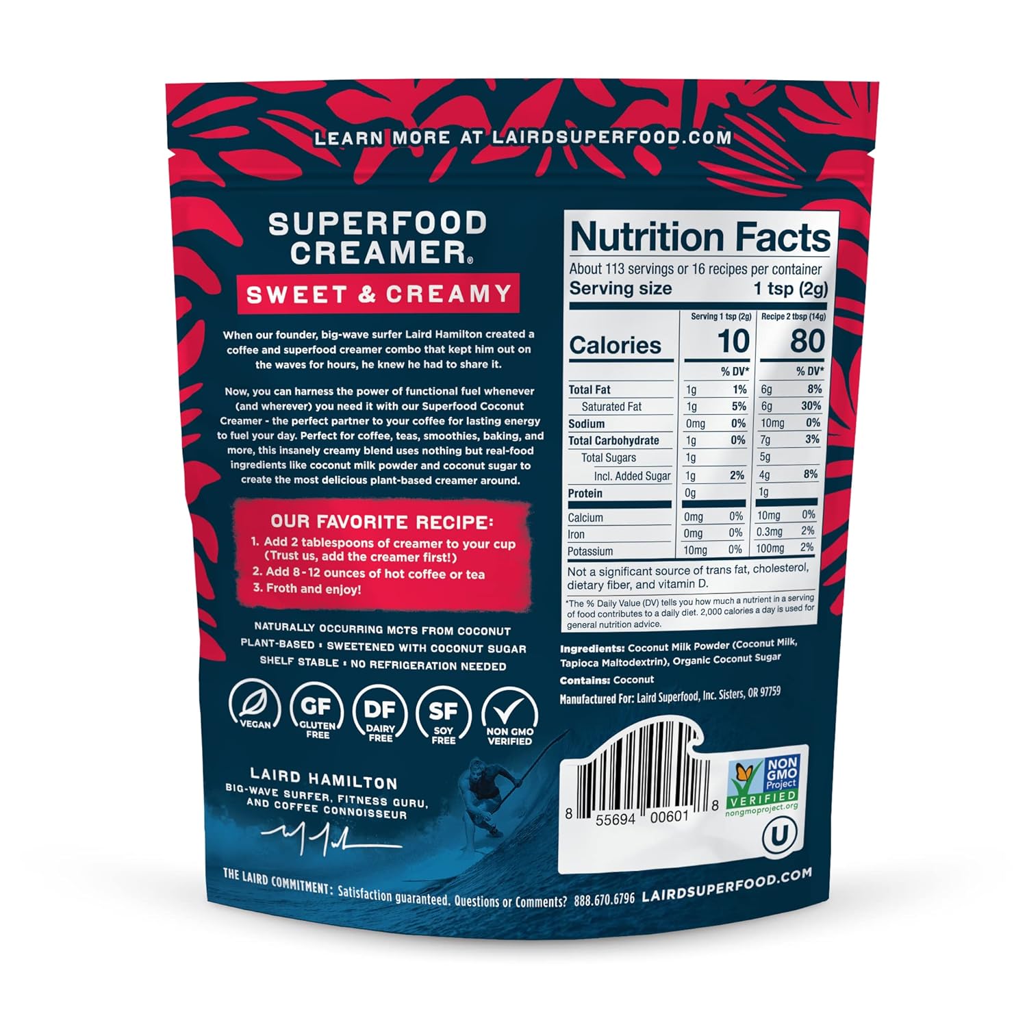 Laird Superfood Non-Dairy Coconut Powder Creamer - Sweet & Creamy + Adaptogens - Superfood Creamer with Functional Mushrooms - Non-GMO, Vegan, 8 oz. Bag, Pack of 1