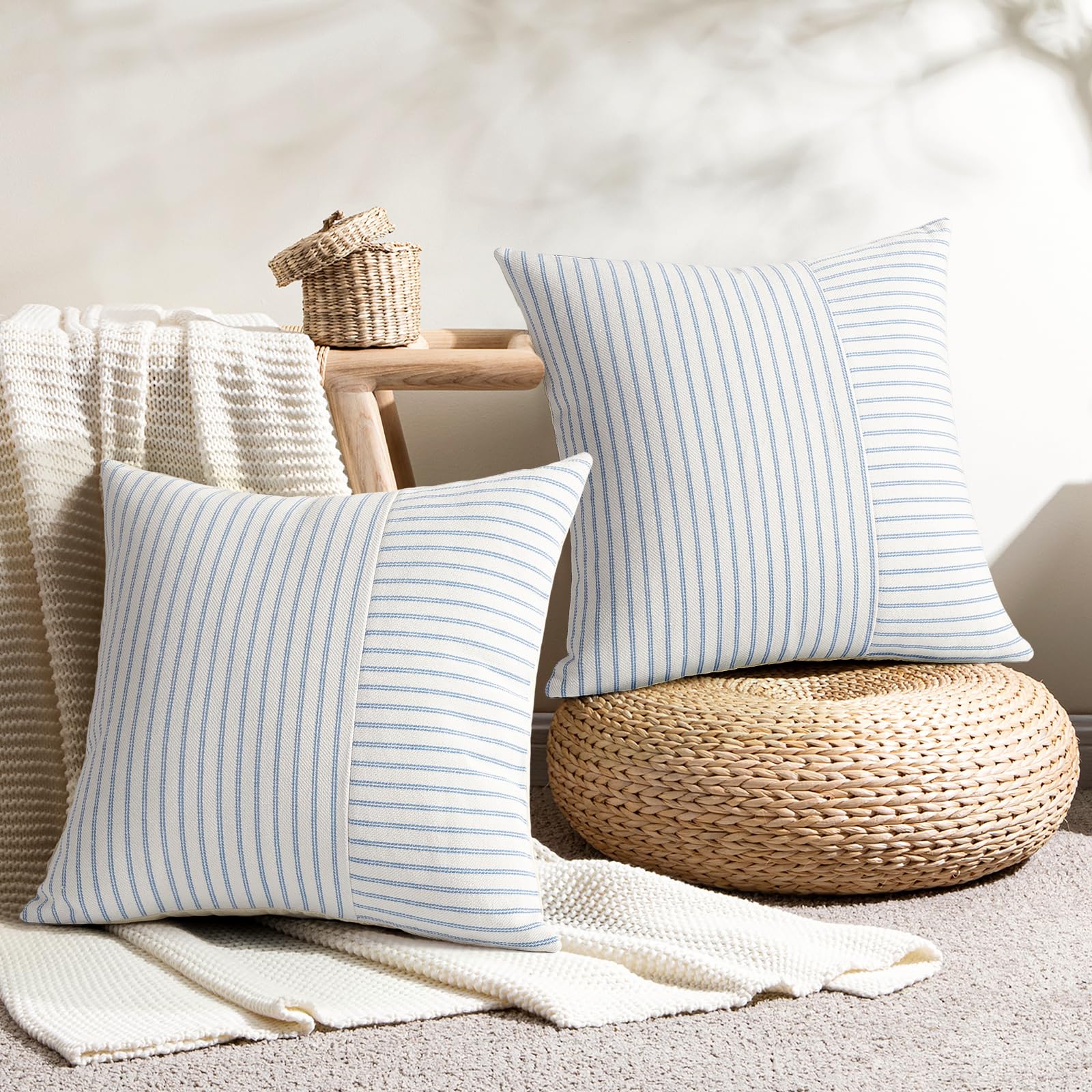 YCOLL Farmhouse Pillow Covers 18x18, Modern Accent Square Throw Pillow Covers Set of 2, Gray and Beige Striped Patchwork Linen Decorative Pillows Cushion Covers for Couch Chair Bedroom Home Decor