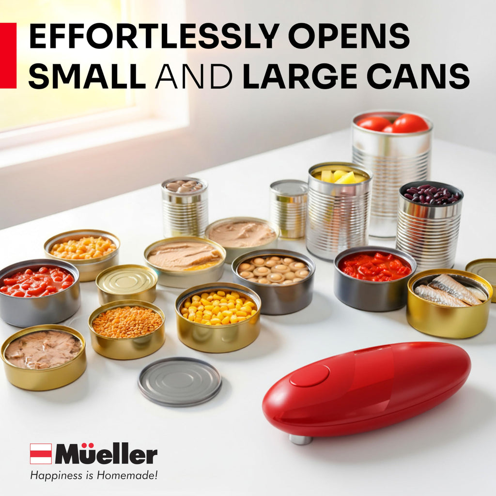 MUELLER HOME SmoothEdge Auto Electric Can Opener – Battery‑Operated One‑Touch w Magnet Lid Lifter – Portable Hands‑Free Automatic Can Openers for Seniors & Arthritis, Smooth‑Edge Cut Technology, Black