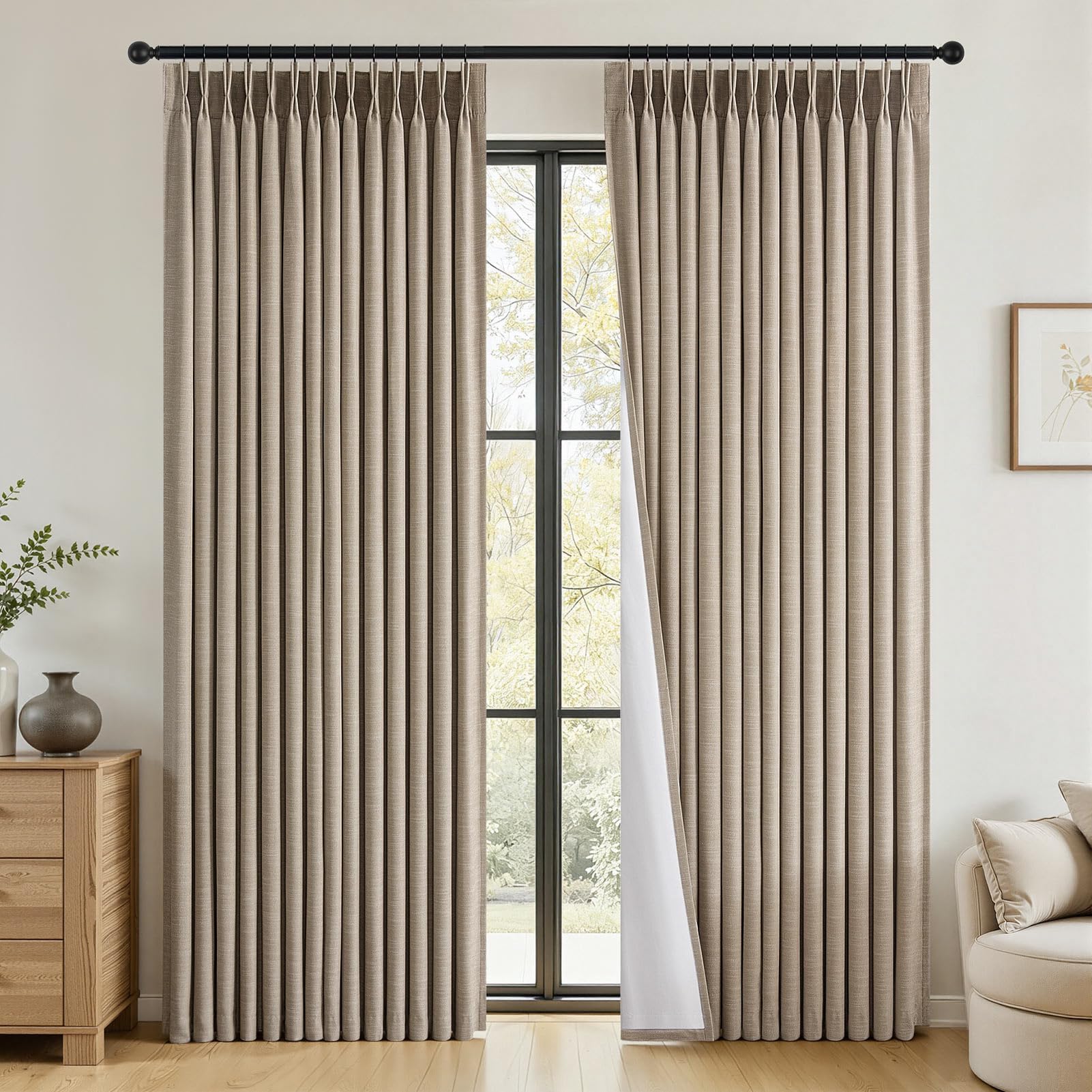 Topfinel 84 Inch Long Natural Blackout Curtains for Bedroom Livingroom, Farmhouse Back Tab Pinch Pleated Drapes for Track System,Neutral Linen Ambiance & Privacy Drapes Natural 52" W*84" L