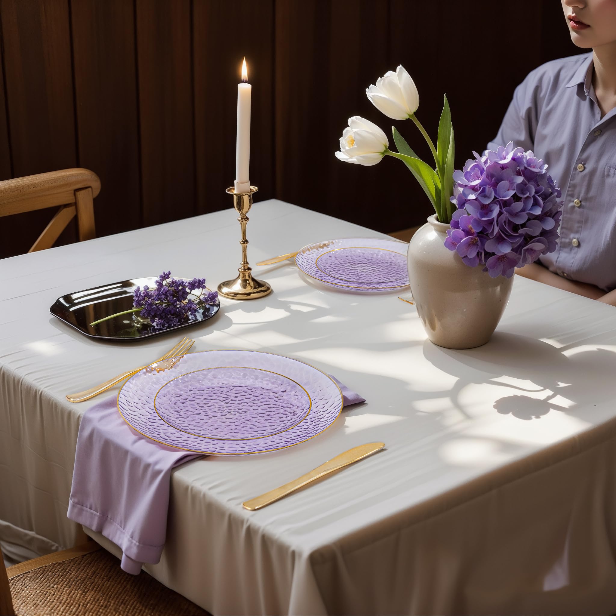 DaYammi 350PCS Clear Gold Plastic Dinnerware Set for 50 Guests, Hammered Disposable Plates for Party, Include: 50 Dinner Plates, 50 Dessert Plates, 150 Gold Silverware, 50 Napkins, 50 Cups