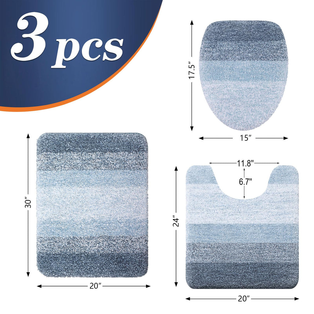 OLANLY Bathroom Rugs Sets 3 piece, Soft Microfiber Absorbent Bath Mat, U-Shaped Contour Toilet Mat and Toilet Lid Cover, Quick Dry, Machine Washable, Toilet Cover and Rug Set for Bathroom, Grey