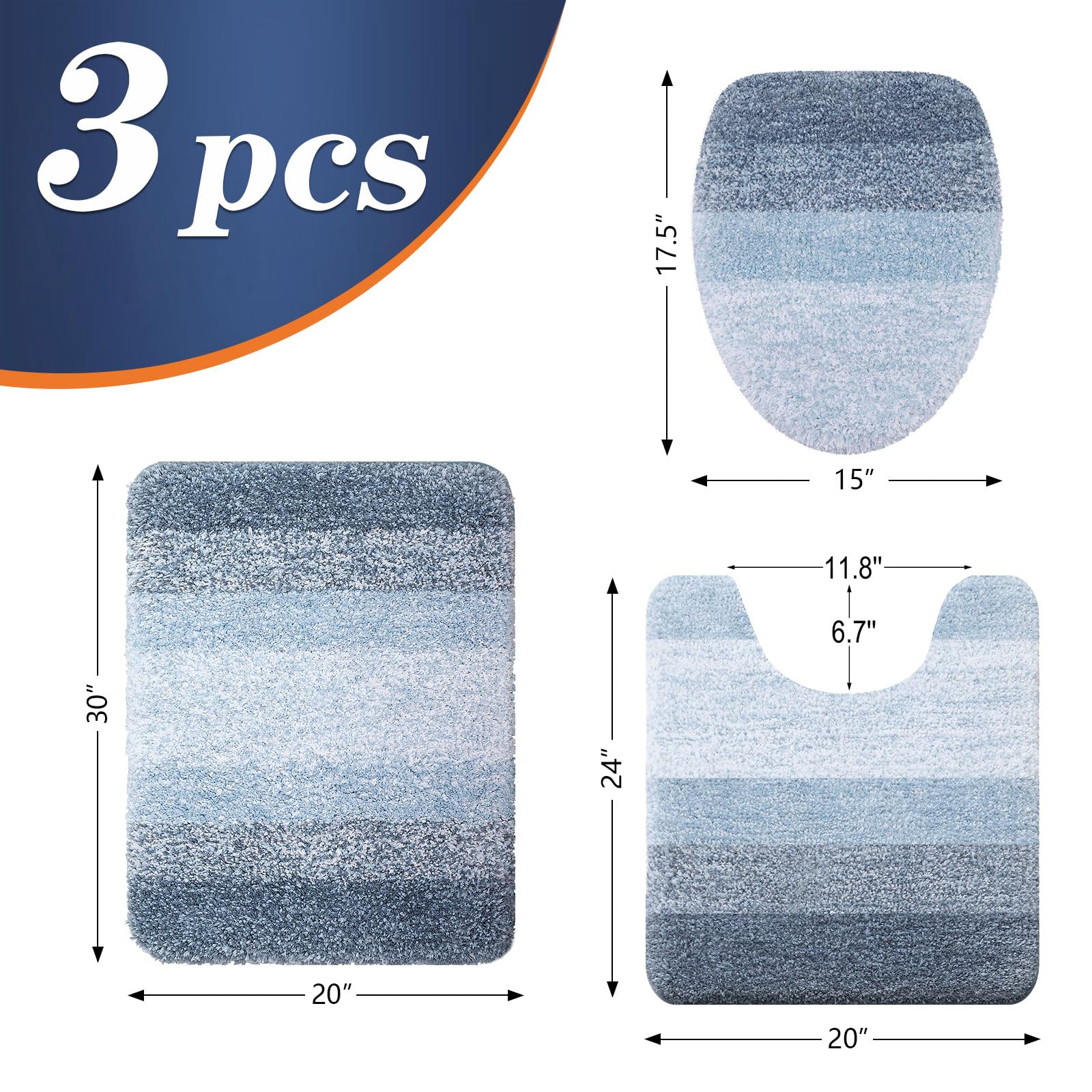 OLANLY Bathroom Rugs Sets 3 piece, Soft Microfiber Absorbent Bath Mat, U-Shaped Contour Toilet Mat and Toilet Lid Cover, Quick Dry, Machine Washable, Toilet Cover and Rug Set for Bathroom, Grey