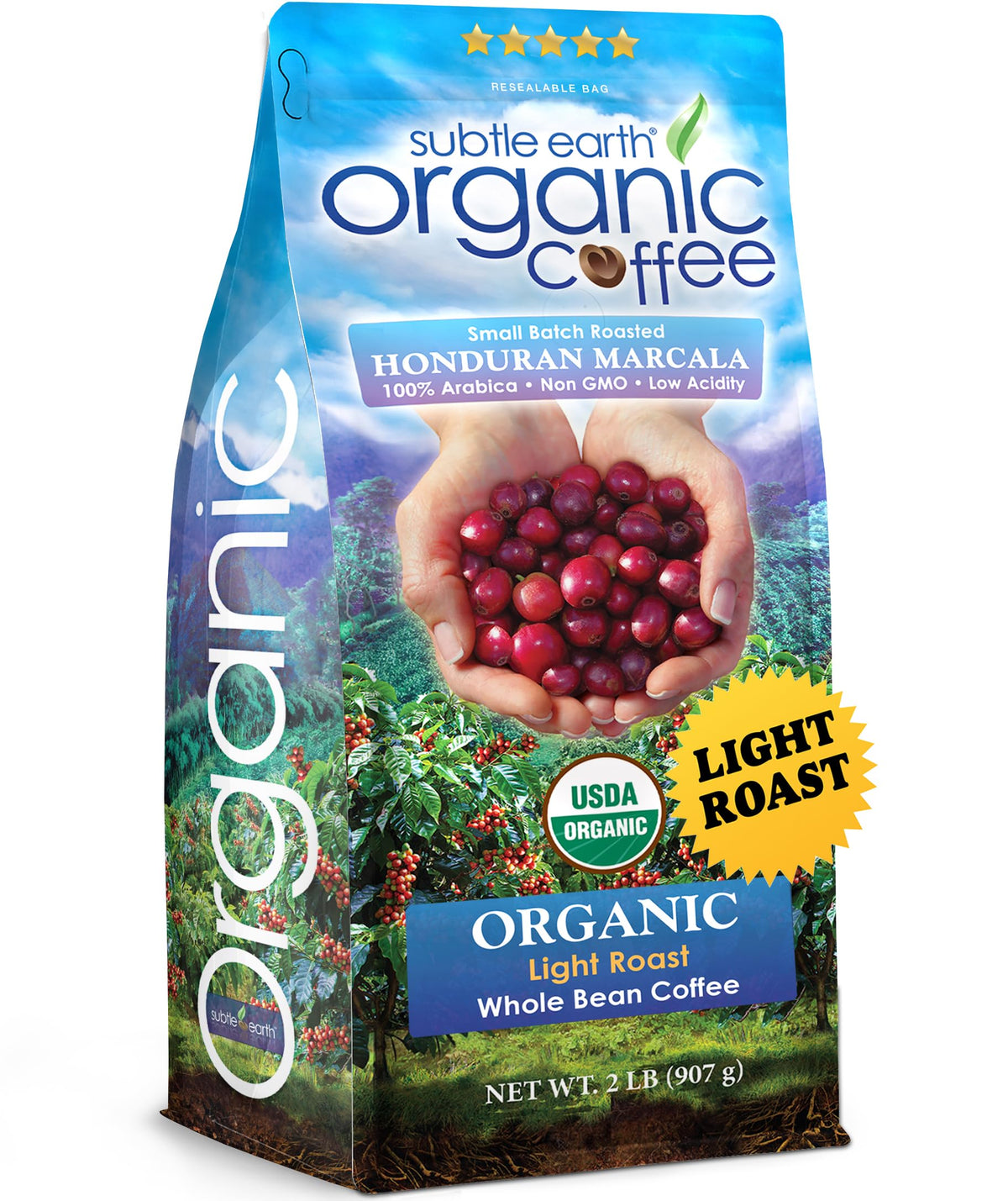 2LB Subtle Earth Organic Coffee - Dark Roast - Whole Bean Coffee - 100% Arabica Beans - Low Acidity and Non-GMO - 2lb bag