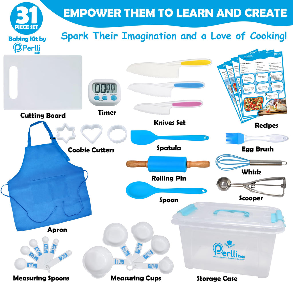 PERLLI Kids Real Cooking Set for Cooking and Baking – 31 Pc. Gift for Junior Chef with Real Utensils, Case & Safe Kids Knife Set for Boys & Girls – Fine Motor Skills & Fun for Children Ages 6+, Orange