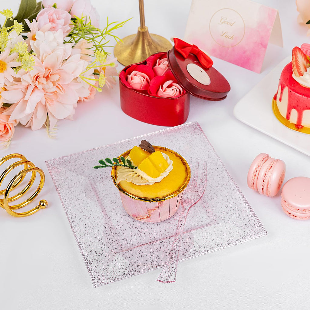 DaYammi 200Pcs Gold Dessert Plates Including 100Pcs Appetizer Plates 6",100Pcs Plastic Forks 5.7",Gold Glitter Plastic Square Plate for Party,Gold Salad Plate and Cake Forks for Party Wedding