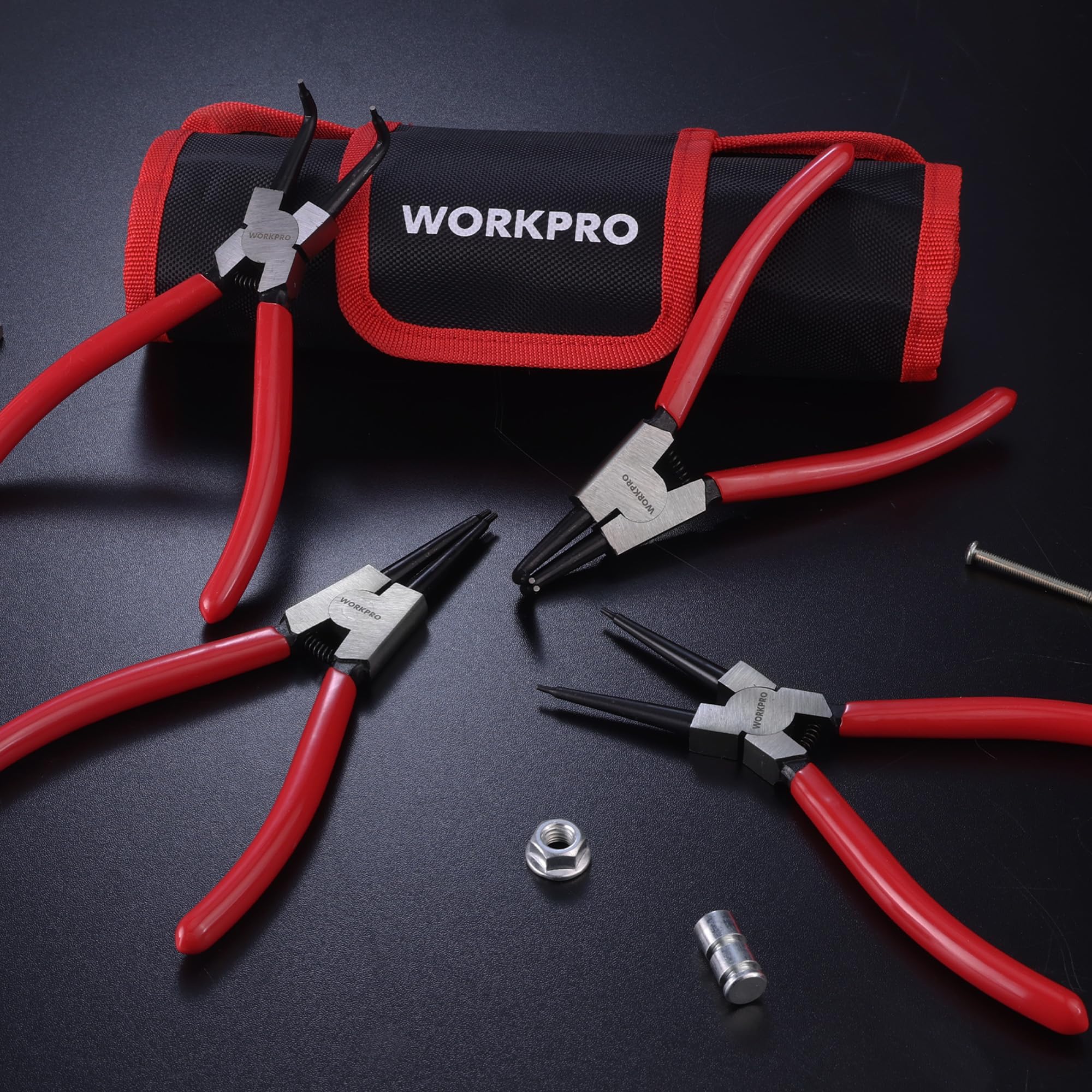 WORKPRO 4-Piece Snap Ring Pliers Set - Heavy Duty 7-inch Internal/External Circlip Pliers Kit (Tip Diameter 5/64'')-Straight/Bent Jaw - Cr-V Steel - For Ring Remover Retaining- Storage Pouch Included