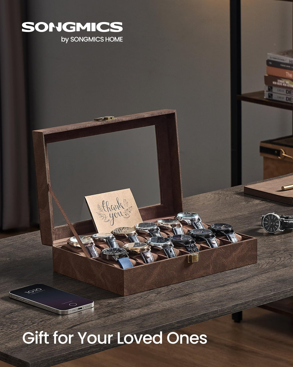 SONGMICS Watch Box, 12-Slot Watch Case Organizer with Large Glass Lid, Removable Pillows, Gift for Loved Ones, Black Synthetic Leather, Gray Lining UJWB12BK