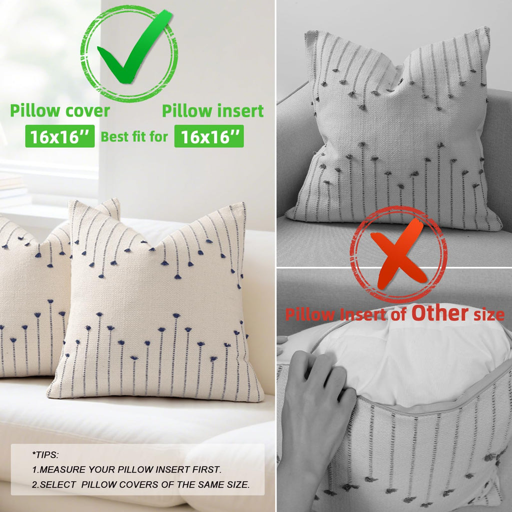 Boho Outdoor Throw Pillow Covers 18x18 Set of 2 Neutral Woven Decorative Pillowcases Cotton Tufted Couch Pillows Modern Farmhouse Cushion Covers for Sofa Couch Bed Living Room Home Decor, Navy Blue