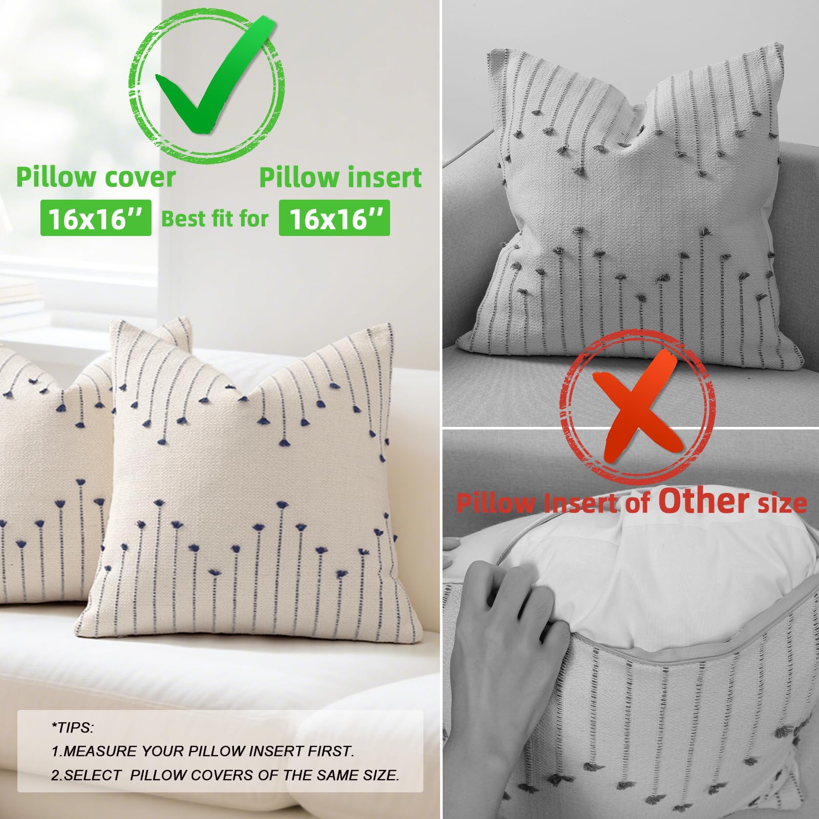 Boho Outdoor Throw Pillow Covers 18x18 Set of 2 Neutral Woven Decorative Pillowcases Cotton Tufted Couch Pillows Modern Farmhouse Cushion Covers for Sofa Couch Bed Living Room Home Decor, Navy Blue