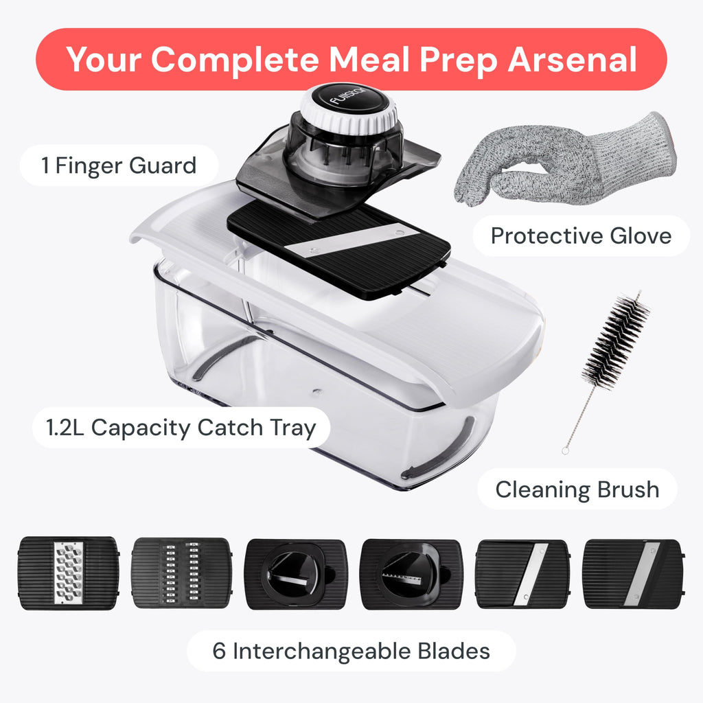 Fullstar Mandoline Slicer for Kitchen, Fruit Cutter, Cheese Grater, Cucumber Slicer, Veggie Spiralizer, Food Cutter & Kitchen Gadgets & Gifts with Safety Glove (6 in 1, White)