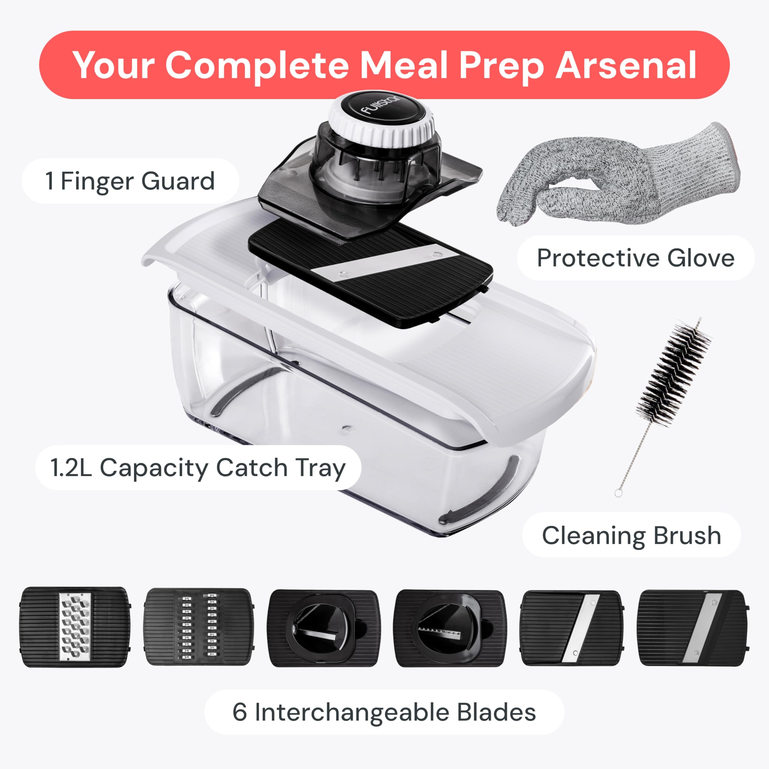 Fullstar Mandoline Slicer for Kitchen, Fruit Cutter, Cheese Grater, Cucumber Slicer, Veggie Spiralizer, Food Cutter & Kitchen Gadgets & Gifts with Safety Glove (6 in 1, White)