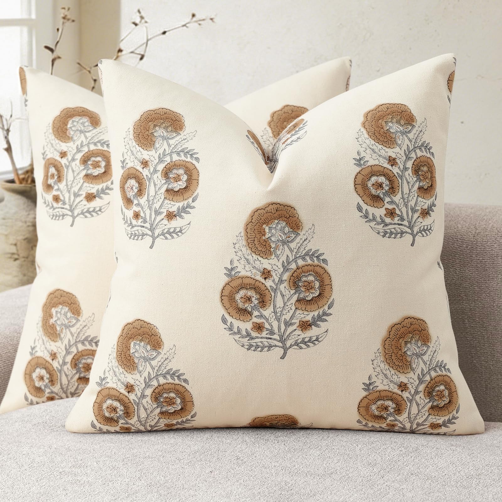 YCOLL Vintage Floral Print Pillow Covers 18x18 Set of 2 Patterned Accent Decorative Cushion Covers Modern Farmhouse Throw Pillow Covers for Sofa Couch Chair Bed Living Room Home Decor, Light Blue