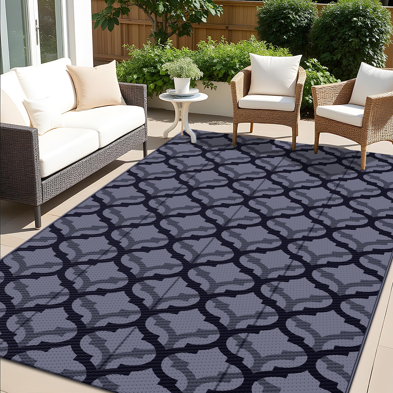 OLANLY Waterproof Outdoor Rug 5x8 ft, Outdoor Plastic Straw Rug for Camping, RV Mat Outside, Indoor Outdoor Carpet for Porch, Deck, Backyard, Balcony, Picnic, Black & White