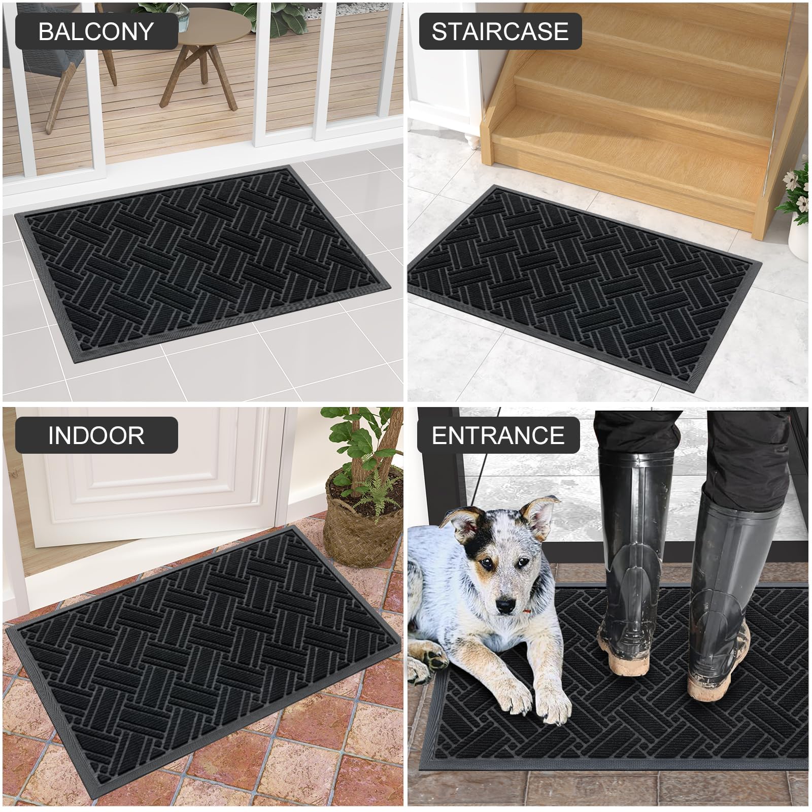 OLANLY Indoor Outdoor Mat, Sturdy Natural Rubber Floor Mat, Non Slip Low Profile Waterproof Doormat, and Stain Front Door Mats, Easy Clean Patio Entrance Mat, 30''x17'', Black