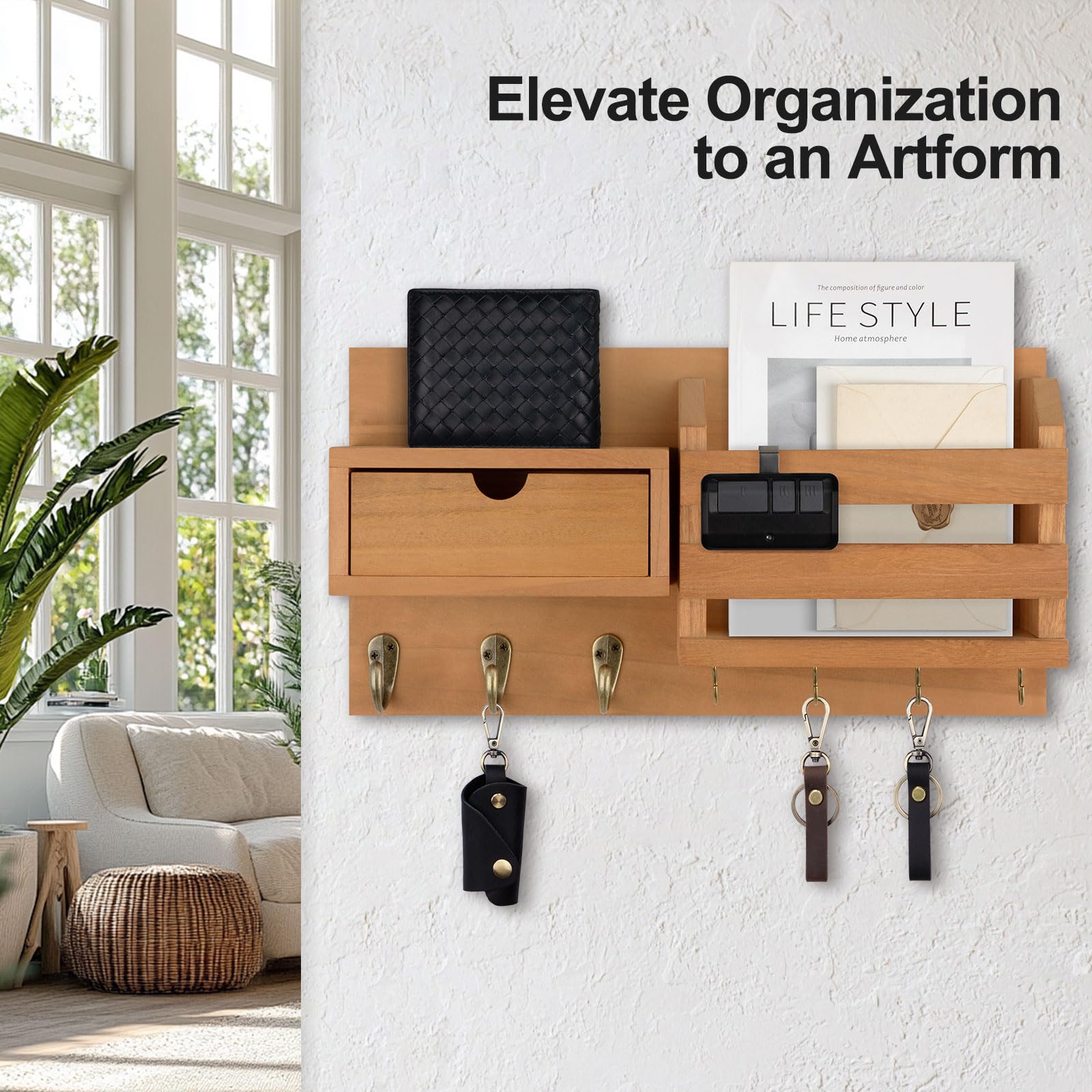 Wall Mount Key Holder with Mail Organizer, 100% Paulownia Wood, 7 Metal Hooks, Storage Drawer, Entryway Home Decor (Brown)