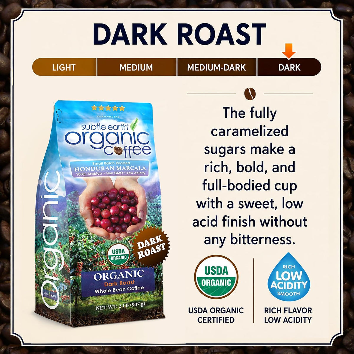 2LB Subtle Earth Organic Coffee - Dark Roast - Whole Bean Coffee - 100% Arabica Beans - Low Acidity and Non-GMO - 2lb bag