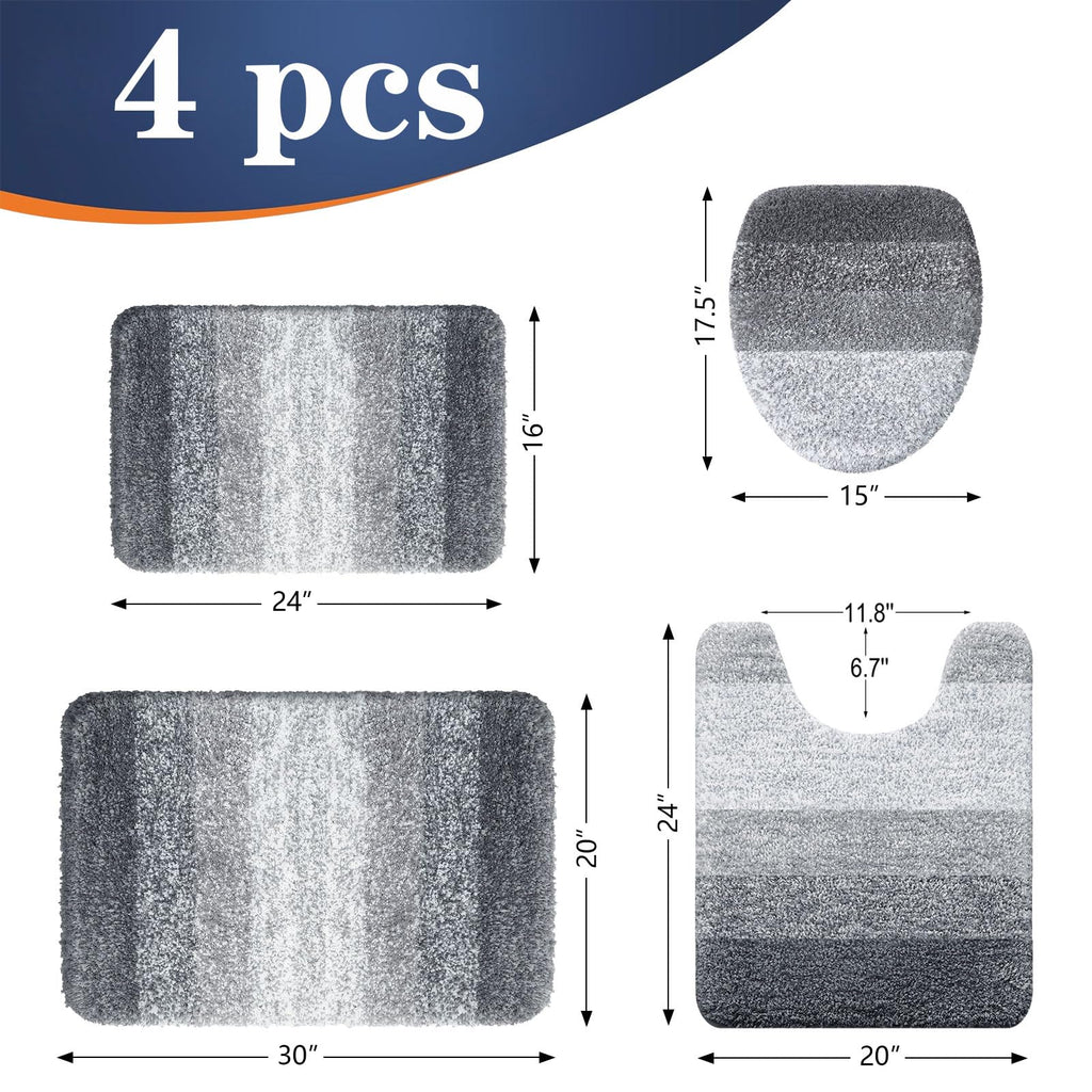 OLANLY Bathroom Rugs Sets 4 piece, Soft Microfiber Absorbent Bath Mat, U-Shaped Contour Toilet Mat and Toilet Lid Cover, Quick Dry, Machine Washable, Toilet Cover and Rug Set for Bathroom, Grey