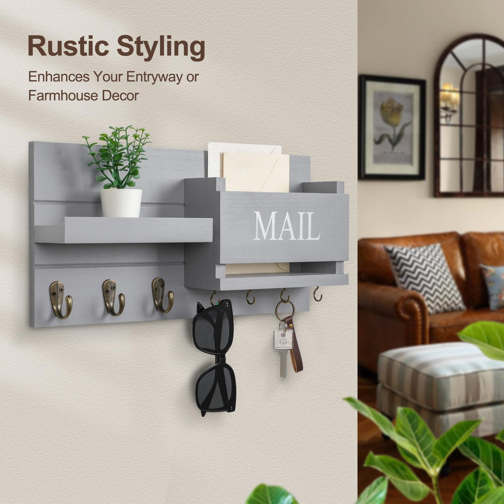 Mail Organizer for Wall Mount – Key Holder with Shelf Includes Letter Holder and Hooks for Hallway Farmhouse Decor – Rustic Wood with Flush Mounting Hardware (16.5” x 9.1” x 3.4”) (White)