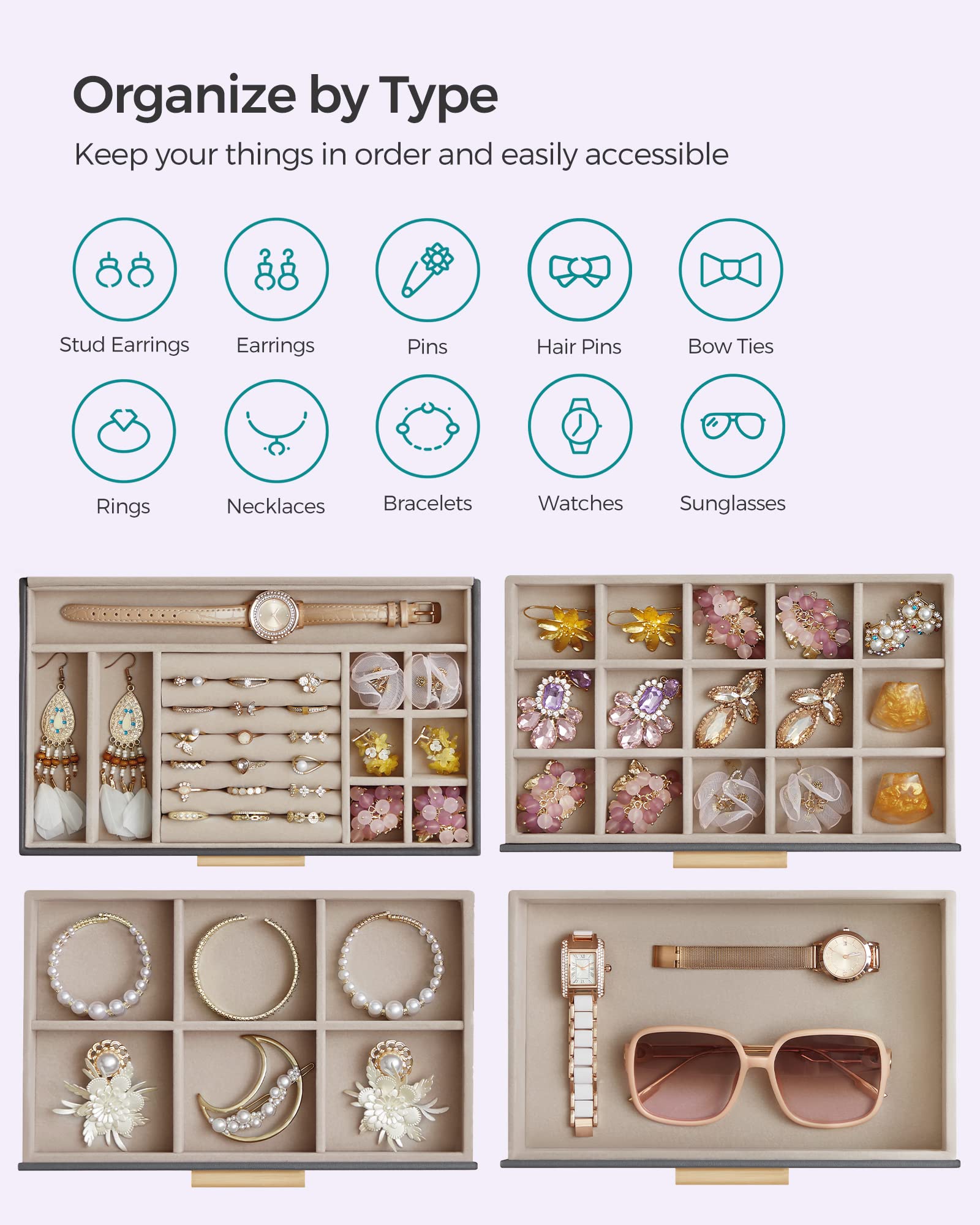 SONGMICS GISELLA Collection - Jewelry Box Organizer, 3-Layer Jewelry Storage with 2 Drawers, Shiny Metal Hardware, Glass Lid, Modern, 8 x 9.1 x 5.3 Inches, Cloud White and Gold Color UJBC239WT