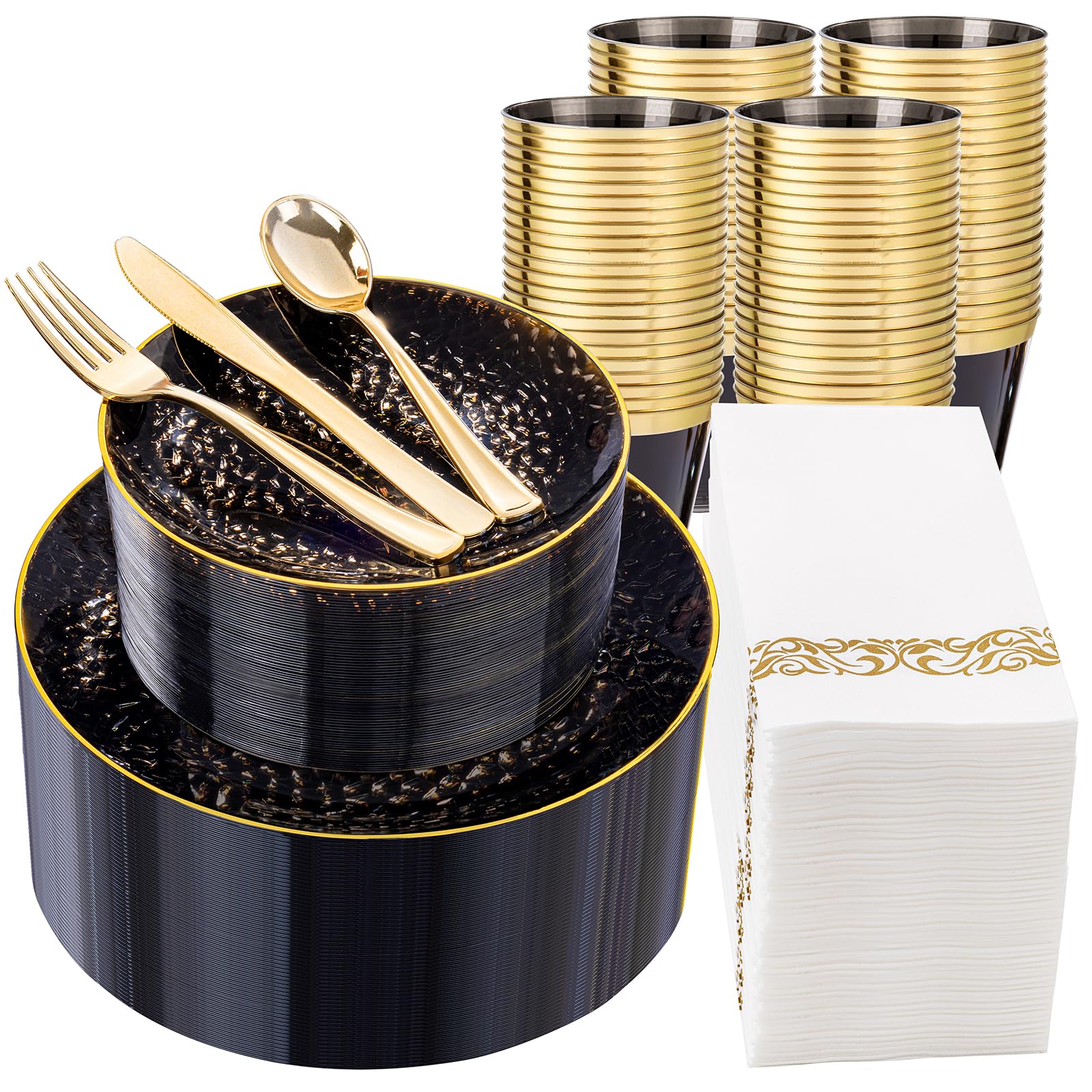 DaYammi 350PCS Clear Gold Plastic Dinnerware Set for 50 Guests, Hammered Disposable Plates for Party, Include: 50 Dinner Plates, 50 Dessert Plates, 150 Gold Silverware, 50 Napkins, 50 Cups