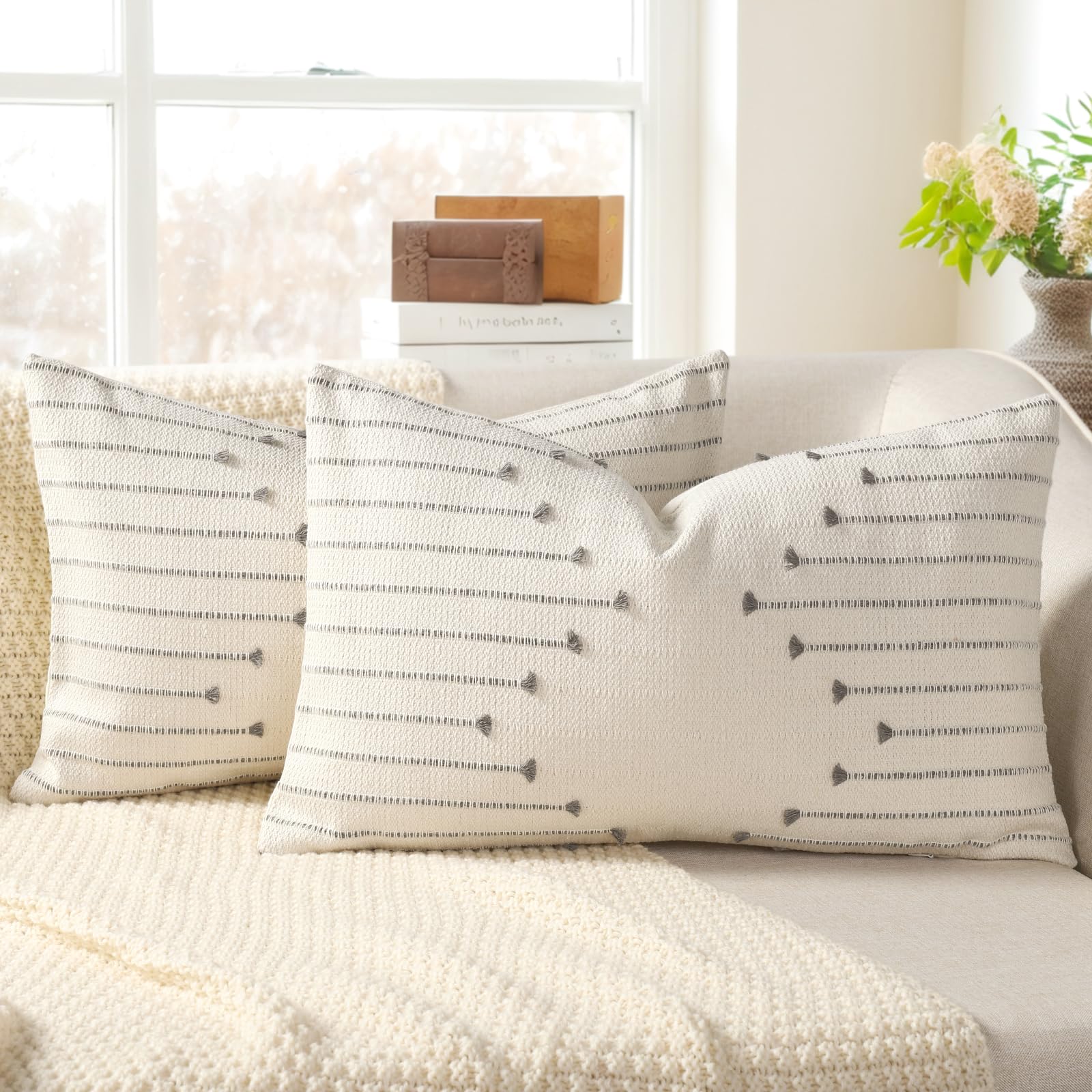 Boho Outdoor Throw Pillow Covers 18x18 Set of 2 Neutral Woven Decorative Pillowcases Cotton Tufted Couch Pillows Modern Farmhouse Cushion Covers for Sofa Couch Bed Living Room Home Decor, Navy Blue
