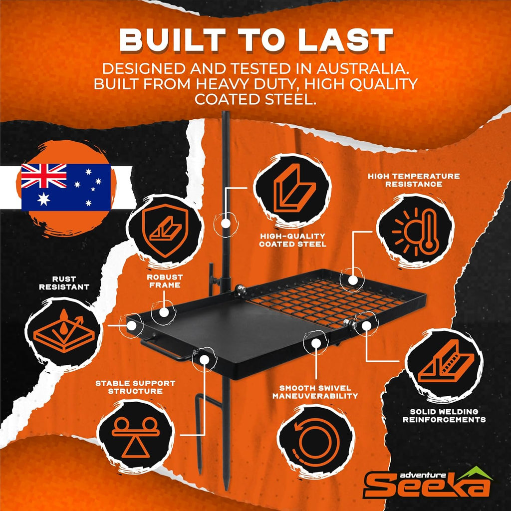 Adventure Seeka 24" Heavy Duty Folding Campfire Grill, Compact Swivel Grill Design, Food-Safe Cooking Surface, Grate & Griddle for Campfire Cooking, Australian Owned