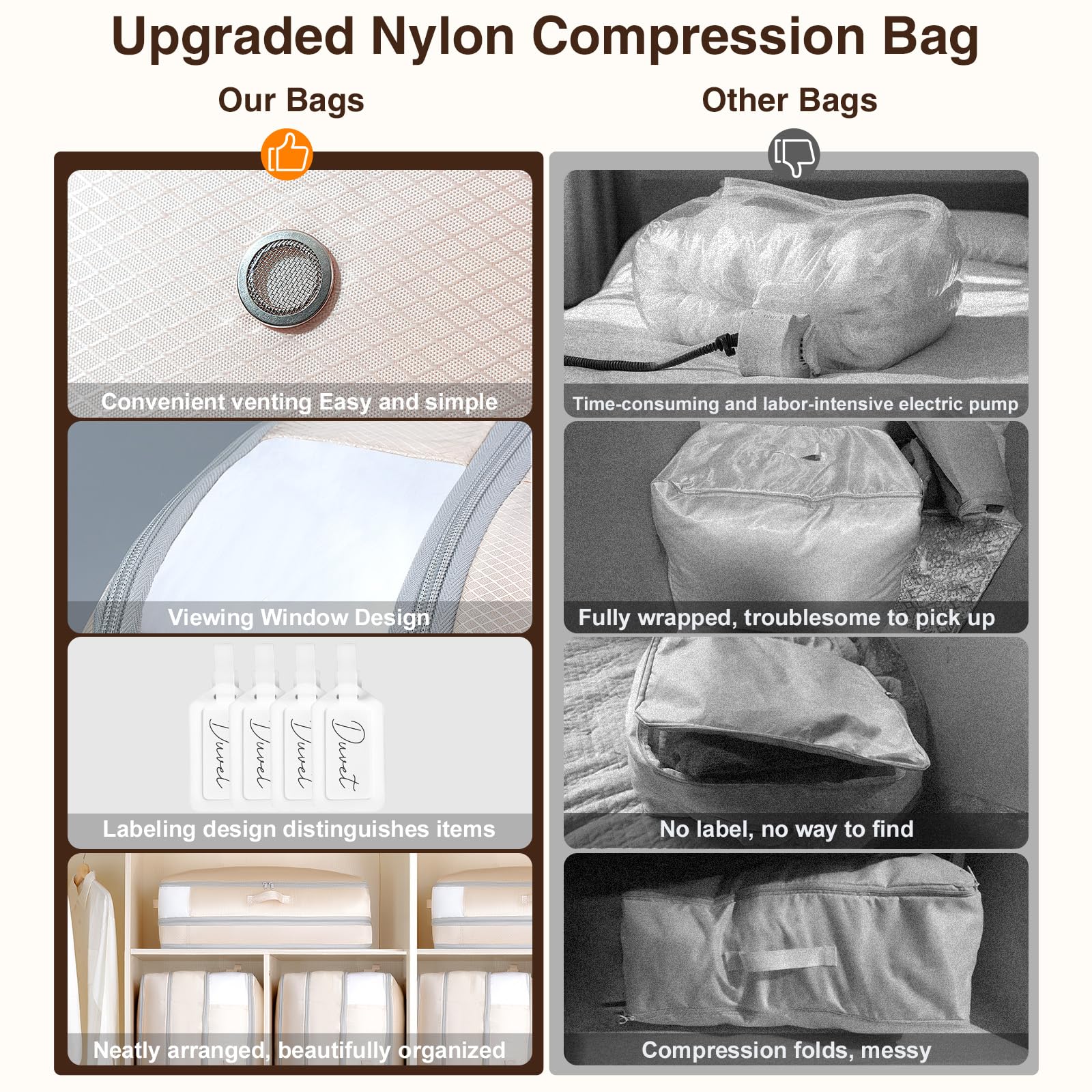 Homsorout 4 Pack Compression Storage Bags - 110L Large Capacity Comforter Storage Bag, 3-Layer Washable Ultra Space Saving Self Compression Organizer Space Bags for Blanket, Sweater, Sheet, Black
