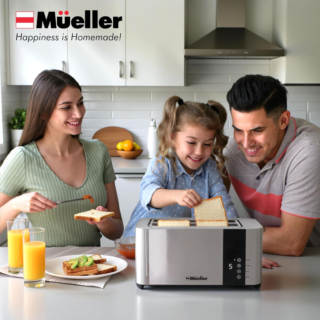 Mueller UltraToast Full Stainless Steel Toaster 4 Slice, Long Extra-Wide Slots for Bagels and Waffles, 6 Browning Levels, LED Display, Cancel/Defrost/Reheat Functions & Removable Tray, Kitchen Gadgets