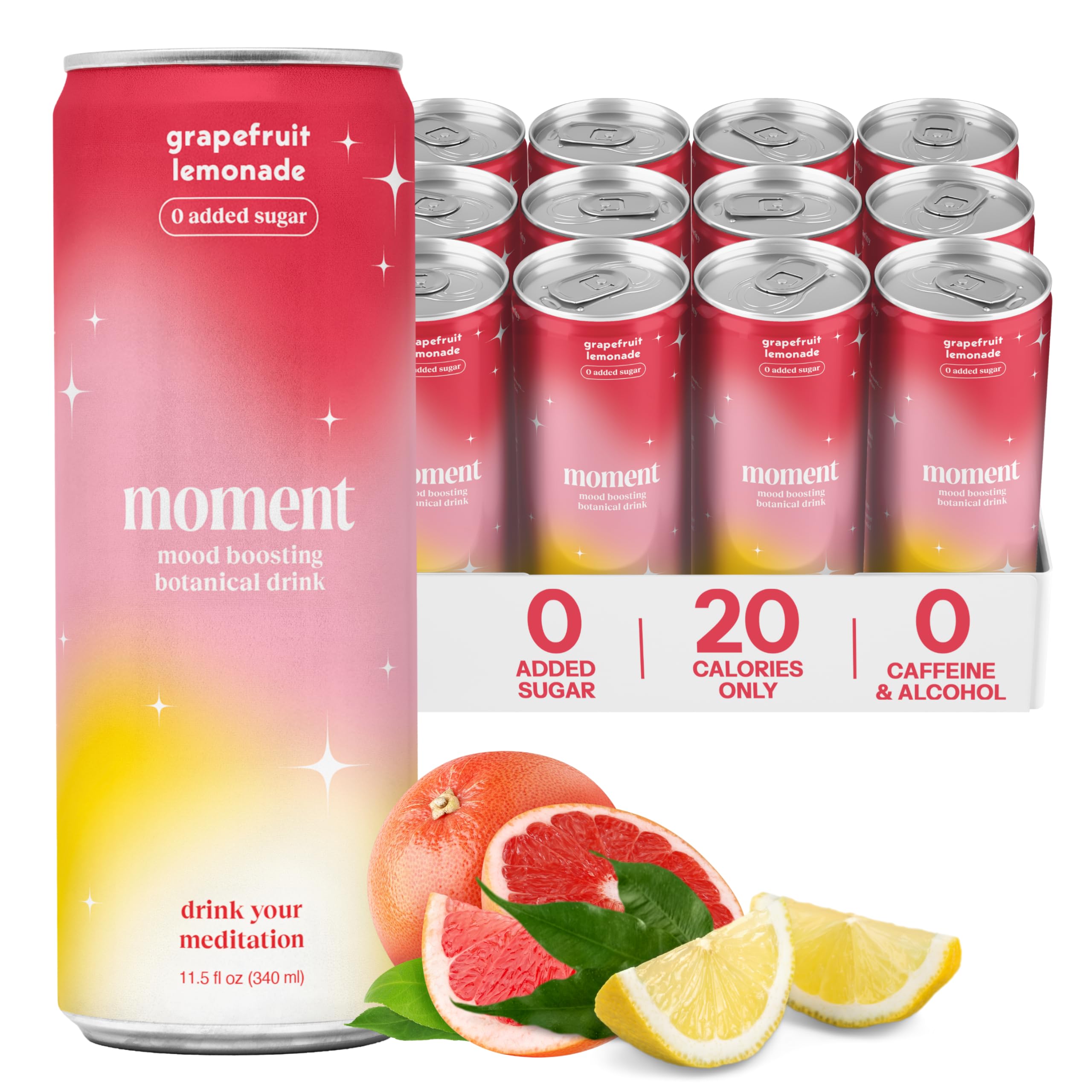 Moment Botanical Soda (Shark Tank) - Calm, Clarity & Relaxation with L-Theanine & Ashwagandha - Non Alcoholic Drinks for Adults - Sparkling Adaptogen Drink - 0 Sugar 0 Caffeine - 12 Pack 11.5 fl oz