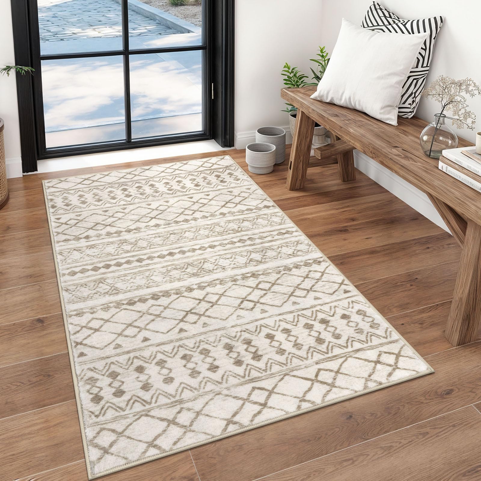 KUTA Washable Non-Slip Rugs for Entryway 2x3, Grey Moroccan Boho Small Area Rug, Ultra Soft Vintage Geometric Low-Pile Indoor Door Mat Floor Carpet for Indoor, Entrance, Kitchen, Bathroom, Bedroom