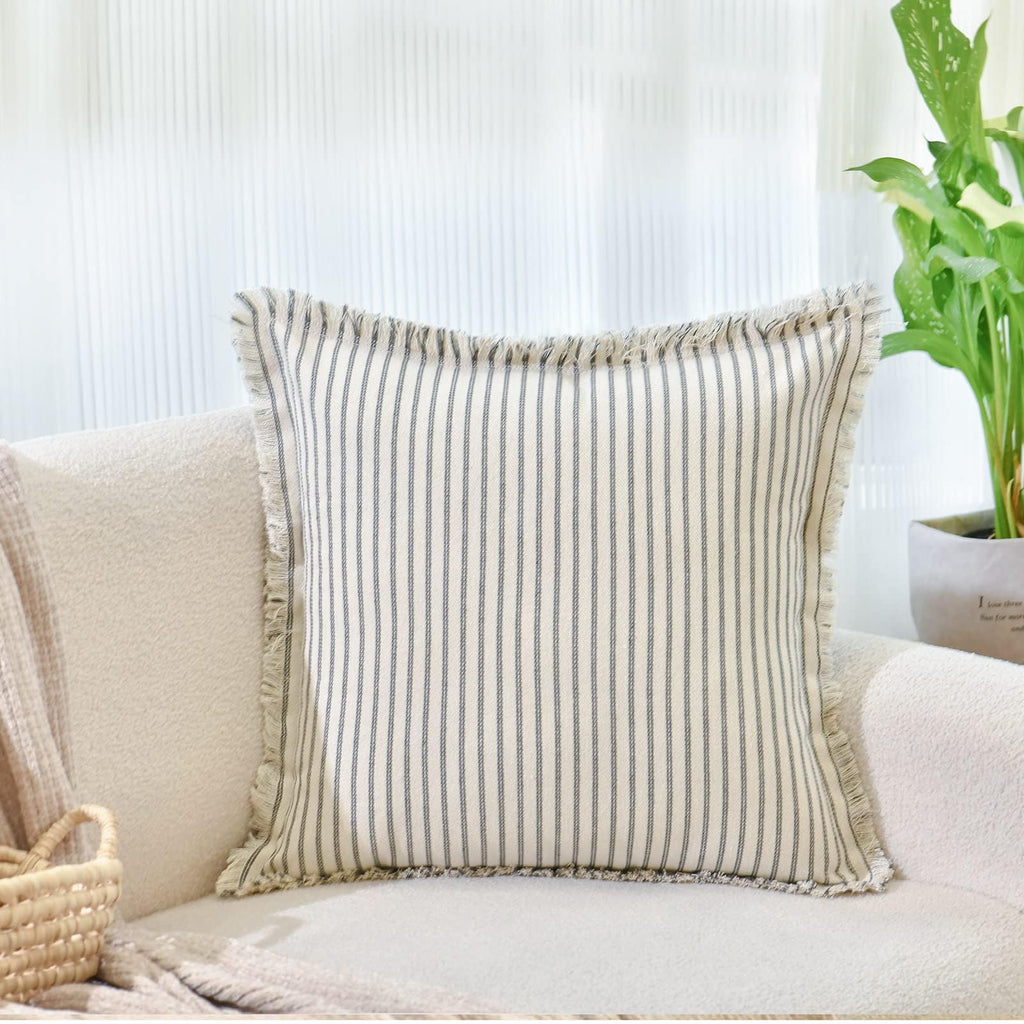 ZWJD Throw Pillow Covers 20x20 Set of 2 Striped Pillow Covers with Fringe Chic Cotton Decorative Pillows Square Cushion Covers for Sofa Couch Bed Living Room Farmhouse Decor, (Gray)
